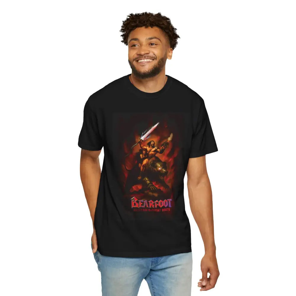 BarBEARian Graphic Tee: Black warrior t-shirt with barefoot shoes design