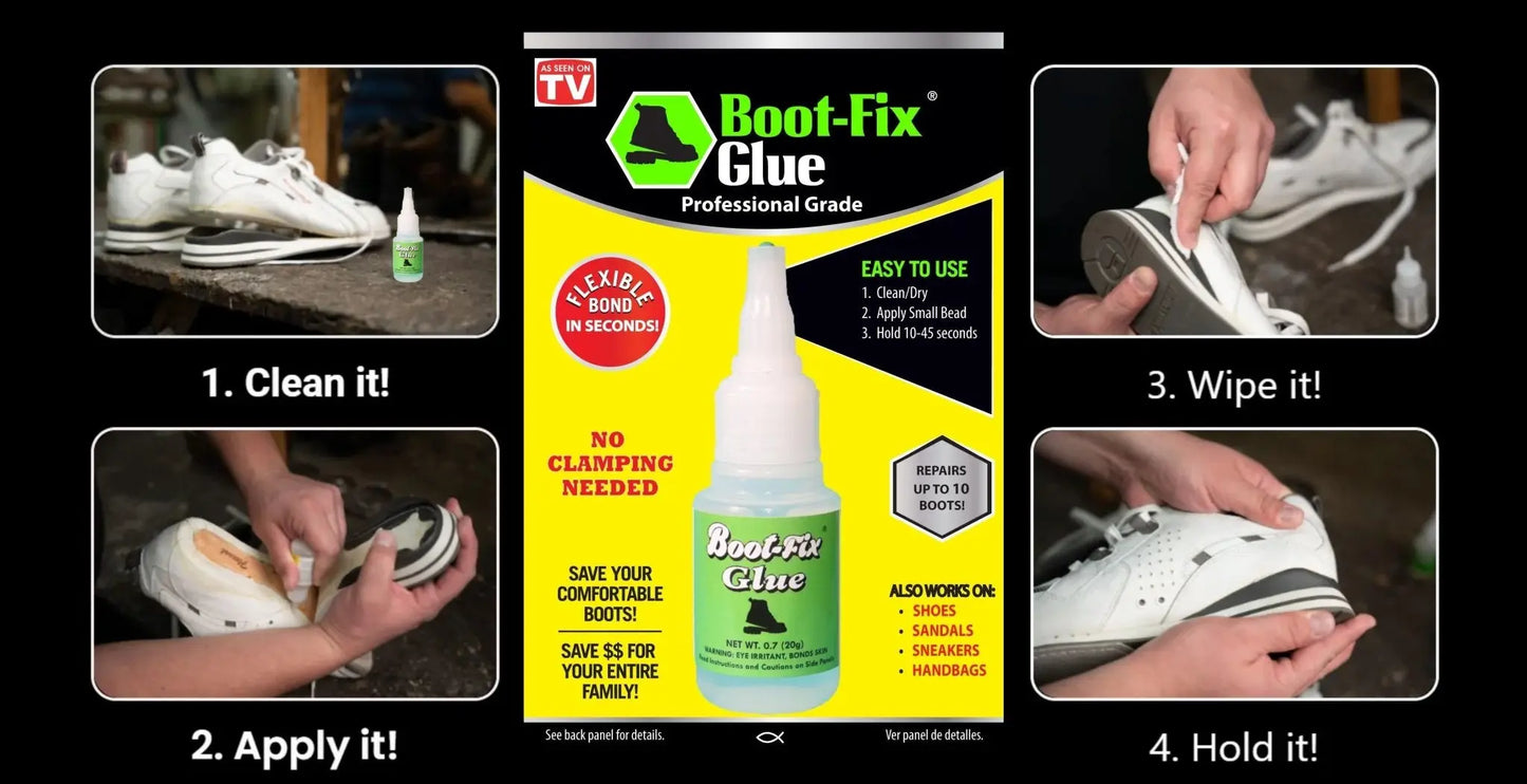 Green bottle of premium Boot-Fix Glue for shoe repair