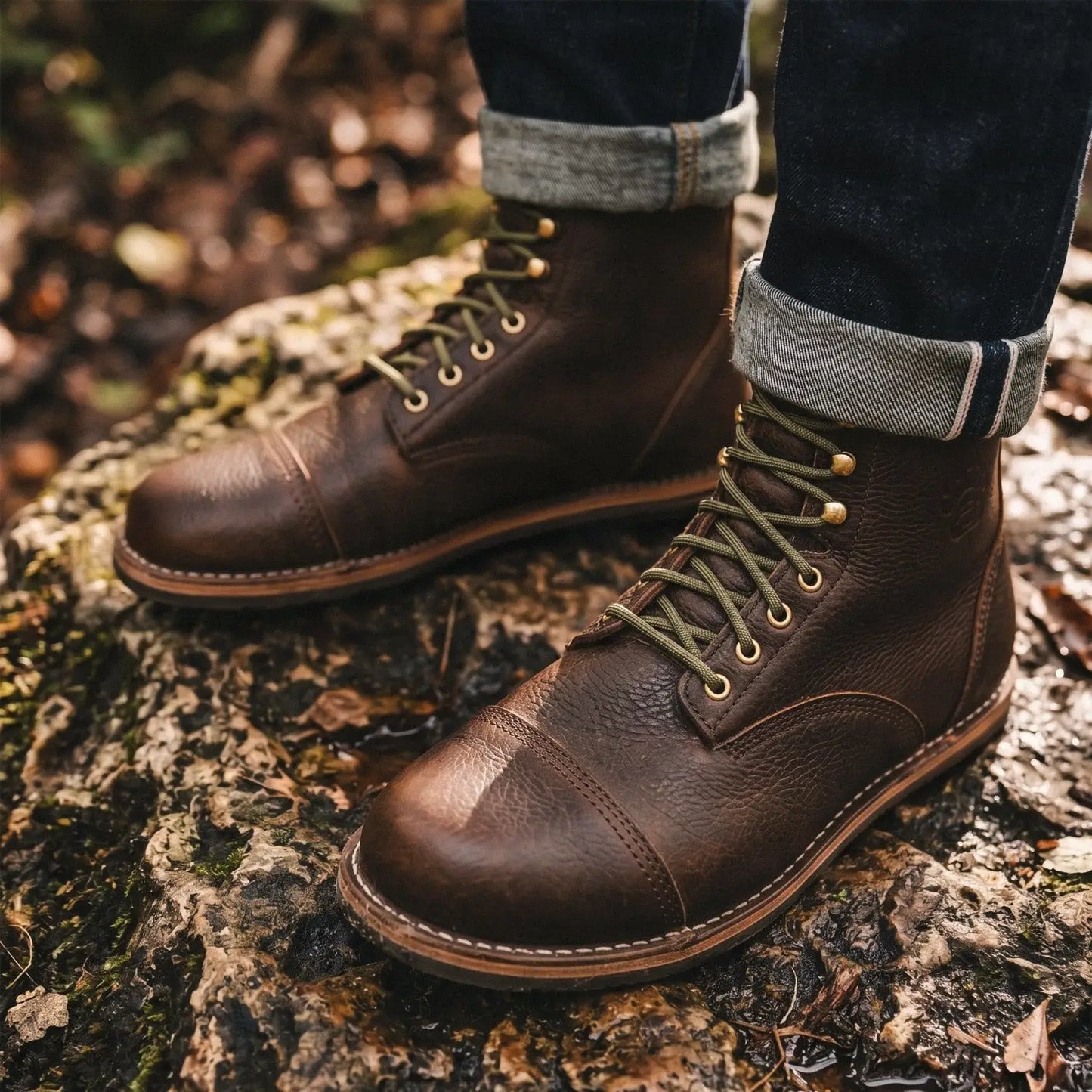 Brown leather bruisin-patriot rugged barefoot boot with olive green laces and brass eyelets for natural foot alignment
