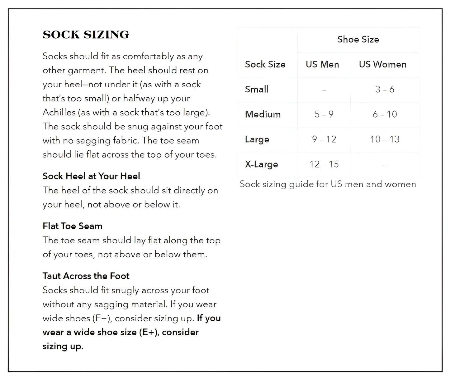 Sock sizing guide for Casual Crew 2.0 socks for barefoot shoes