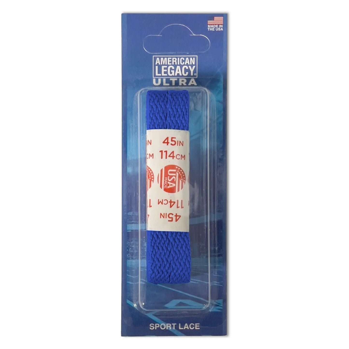 Classic cotton colored blue sport laces in clear American Legacy Ultra packaging