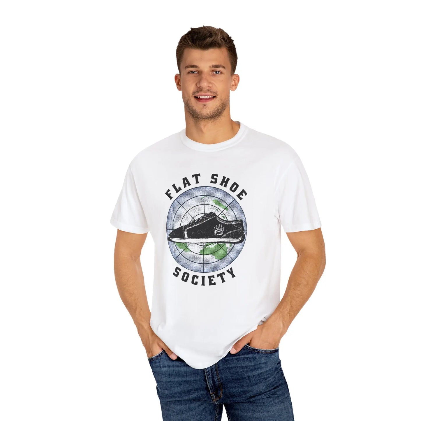 Flat Shoe Society T-Shirt with white design and shoe graphic