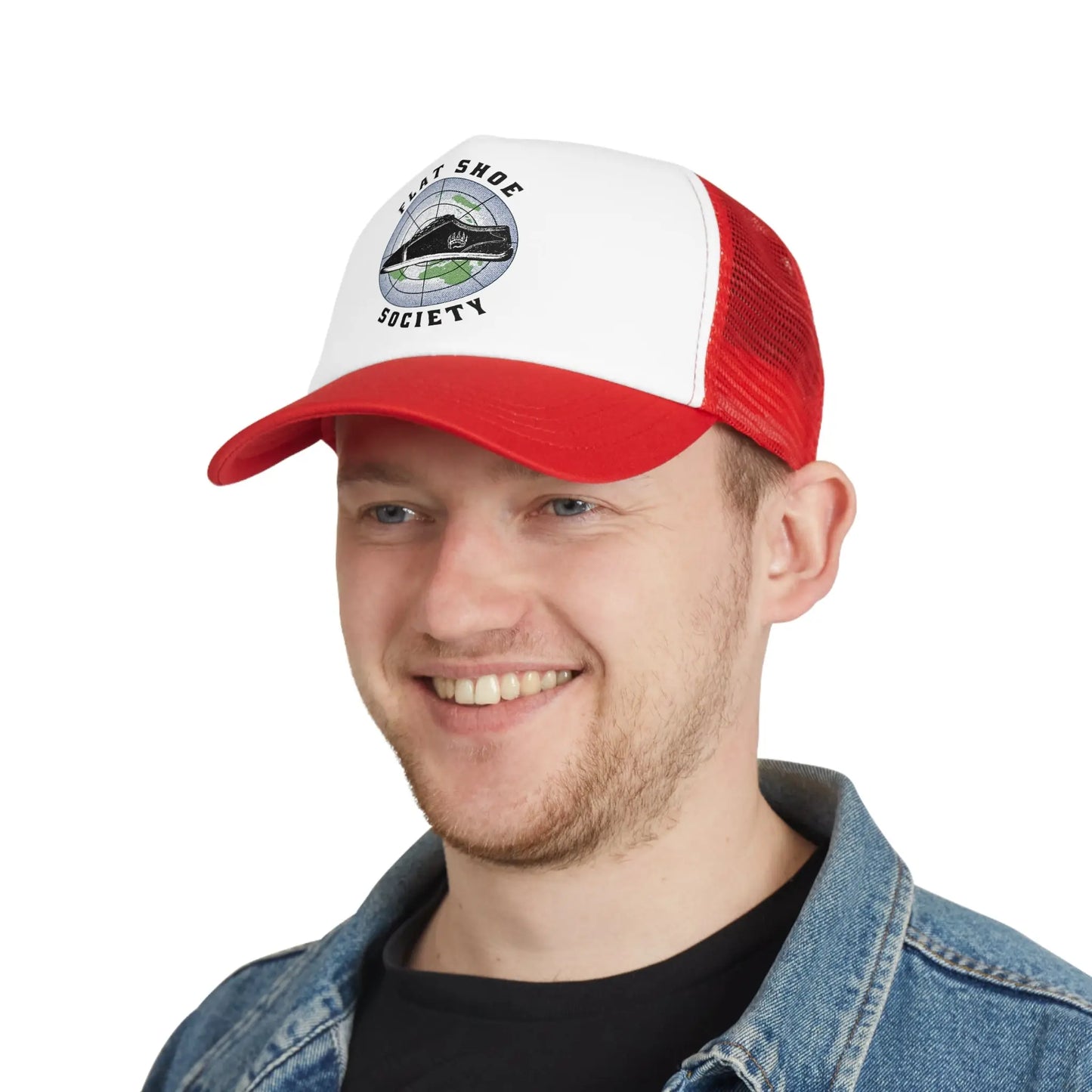 Red and white Flat Shoe Society trucker hat with mesh back and logo