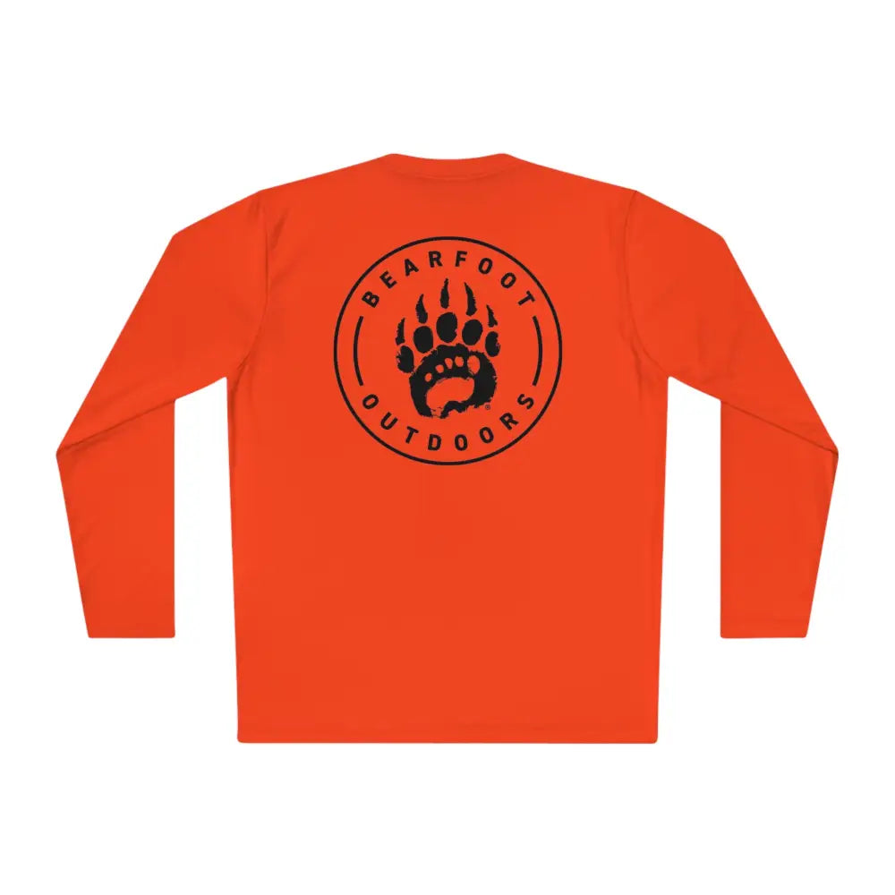 Blaze orange long sleeve hunting shirt with bear paw and bearfoot outdoors design