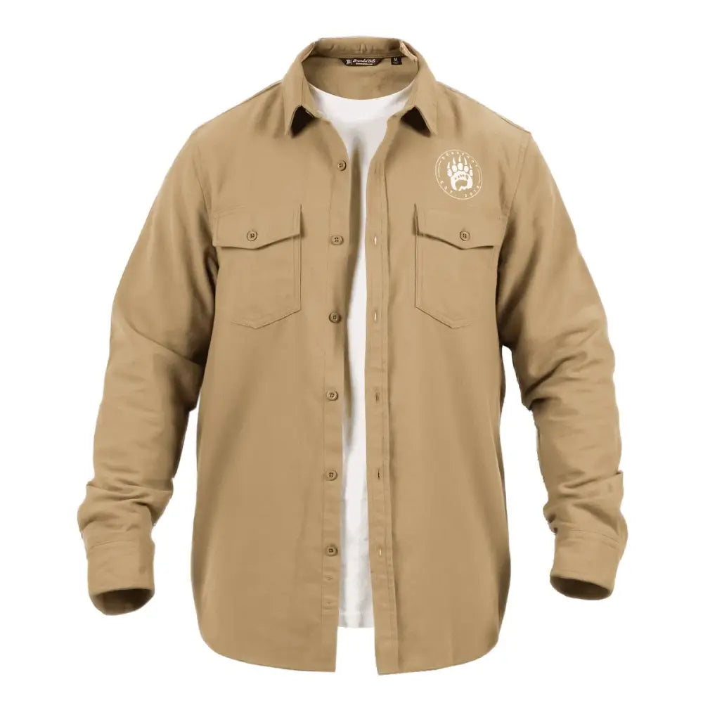 Premium Flannel khaki button-up shirt with embroidered paw print patch