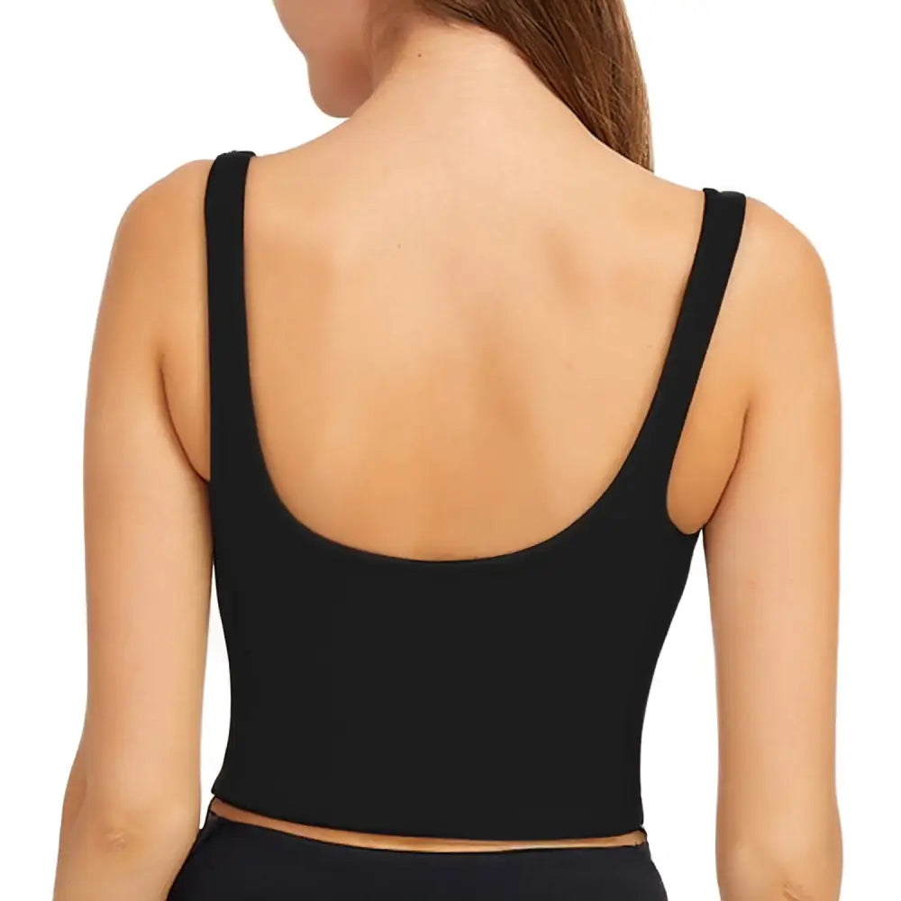 Black racerback sports bra with adjustable straps and removable chest pad