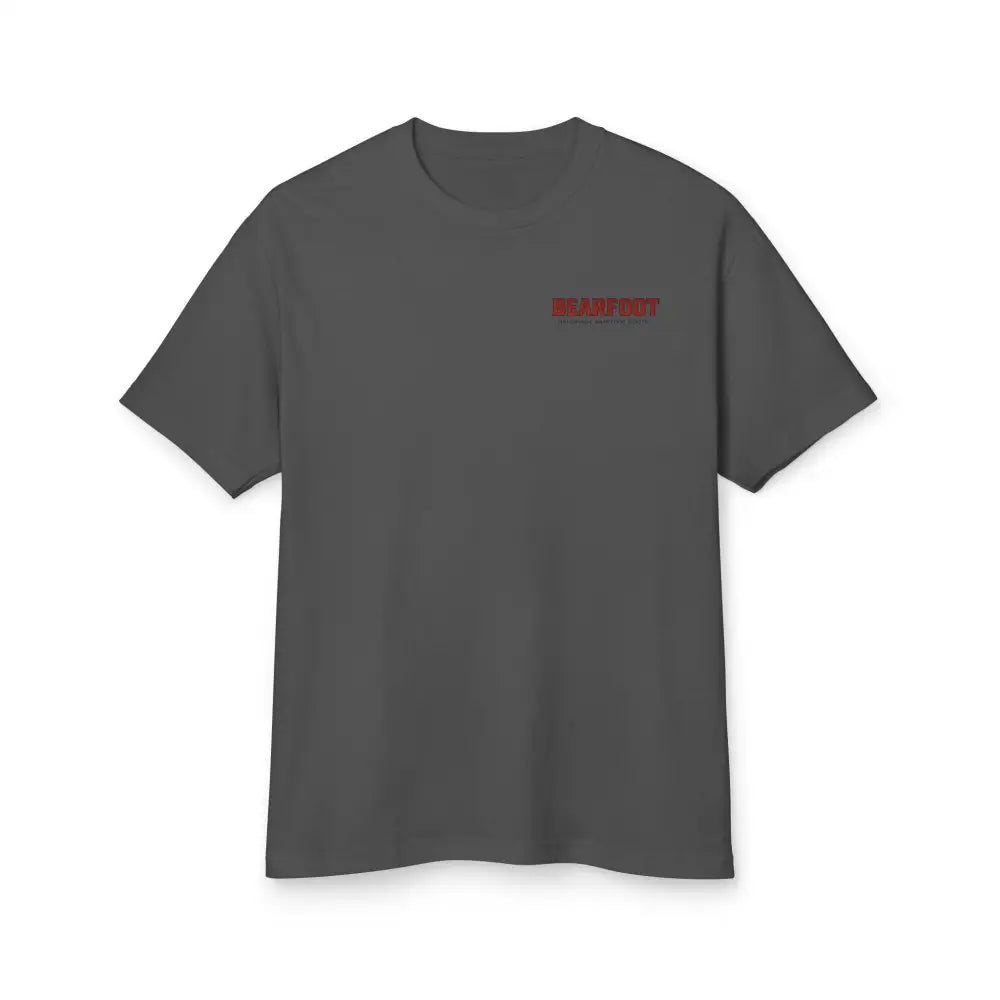 Stand Your Ground graphic tee in charcoal gray with red text, short sleeves, crew neck