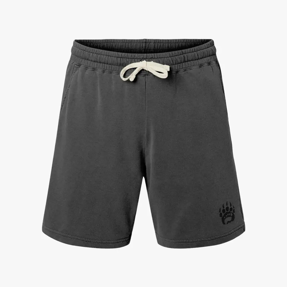 Charcoal gray drawstring sweat shorts with black bear paw print