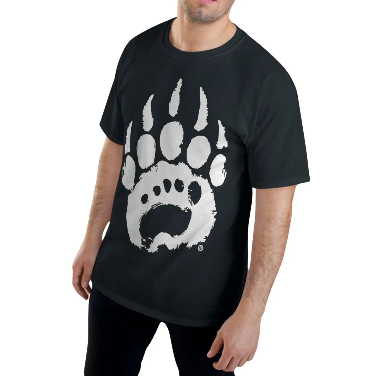 Oversized black t-shirt with white bear paw print, minimalist footwear vibe