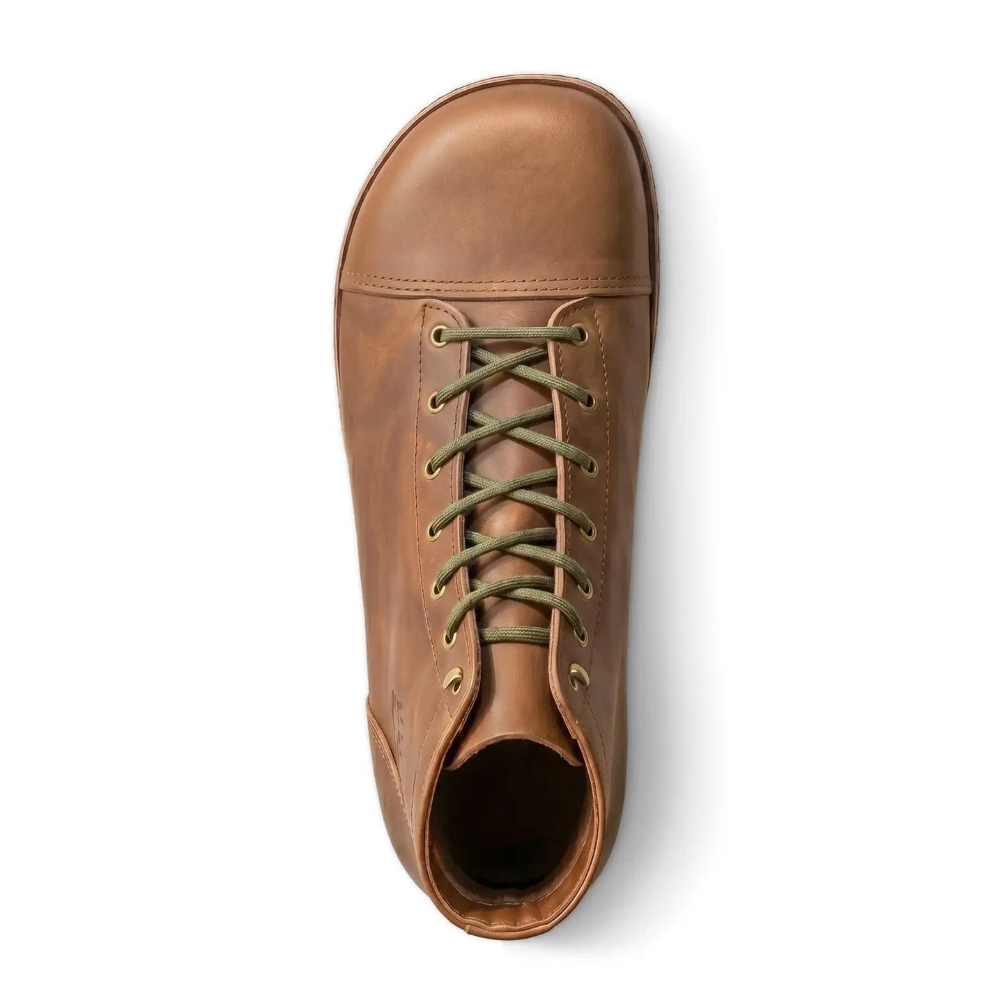 Tan ursidae crazy horse leather lightweight barefoot boot with olive green laces and wide toe box