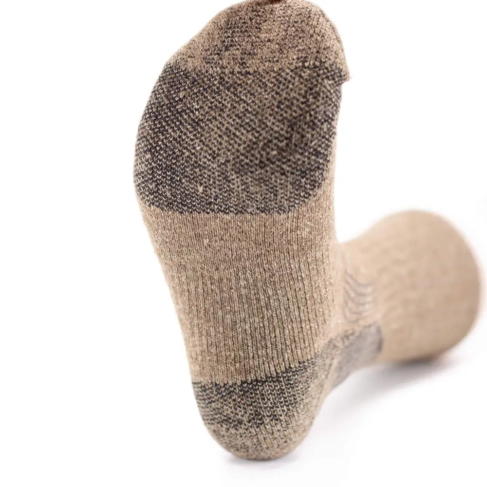 Pro Gear Crew Socks: tan and dark gray knit hiking sock with reinforced toe and heel