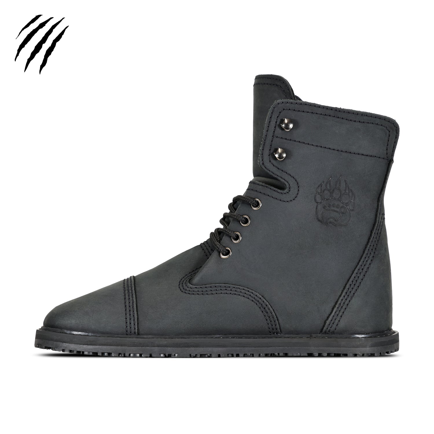 A black, high-top combat boot crafted from high-quality leather with laces and a small logo emblem on the side, displayed against a white background by Bearfoot featuring the Bruin | Black Bear | Blemished design.