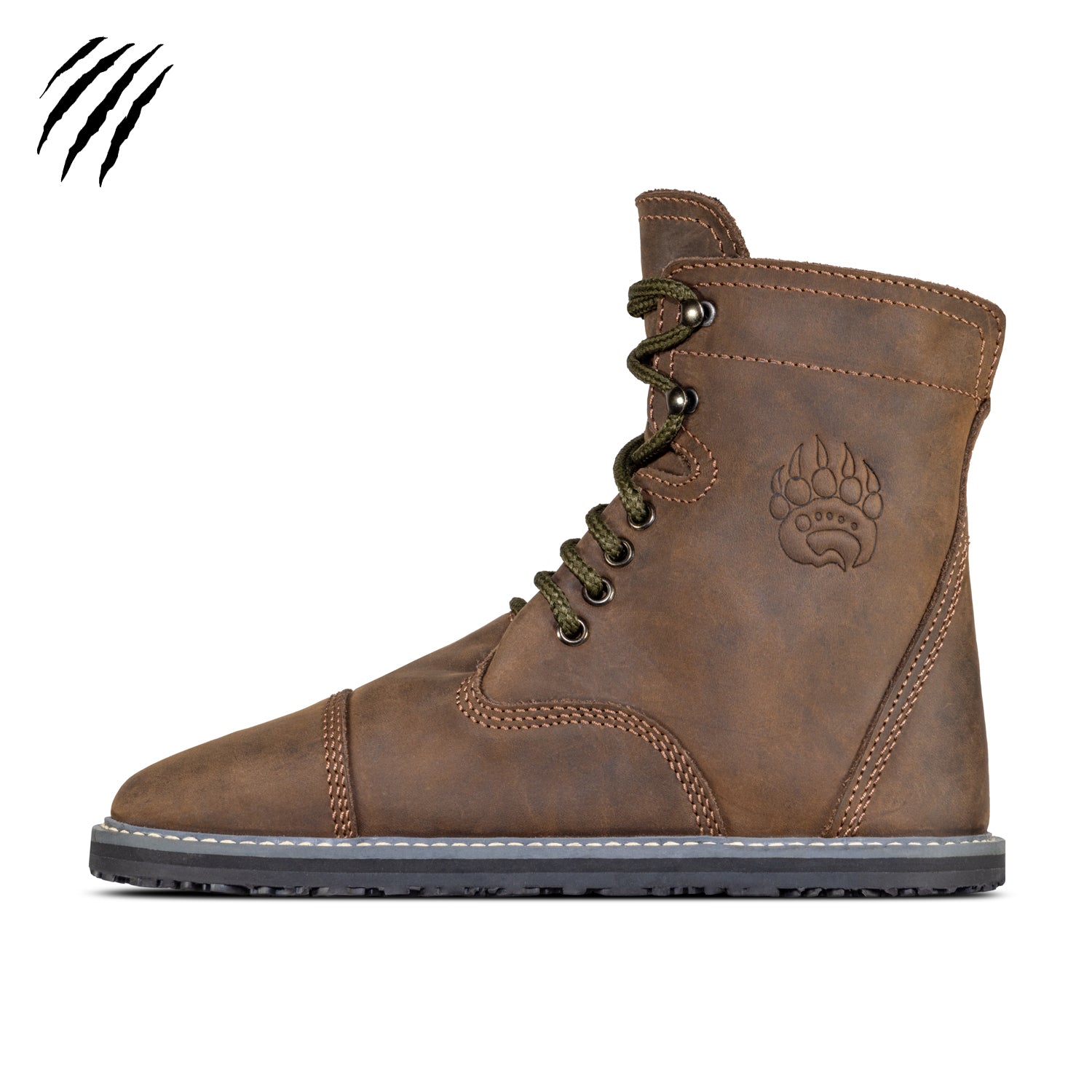 A Bruin Kodiak Brown boot with green laces, featuring a prominent Bearfoot logo embossed on the side, set against a white background.
