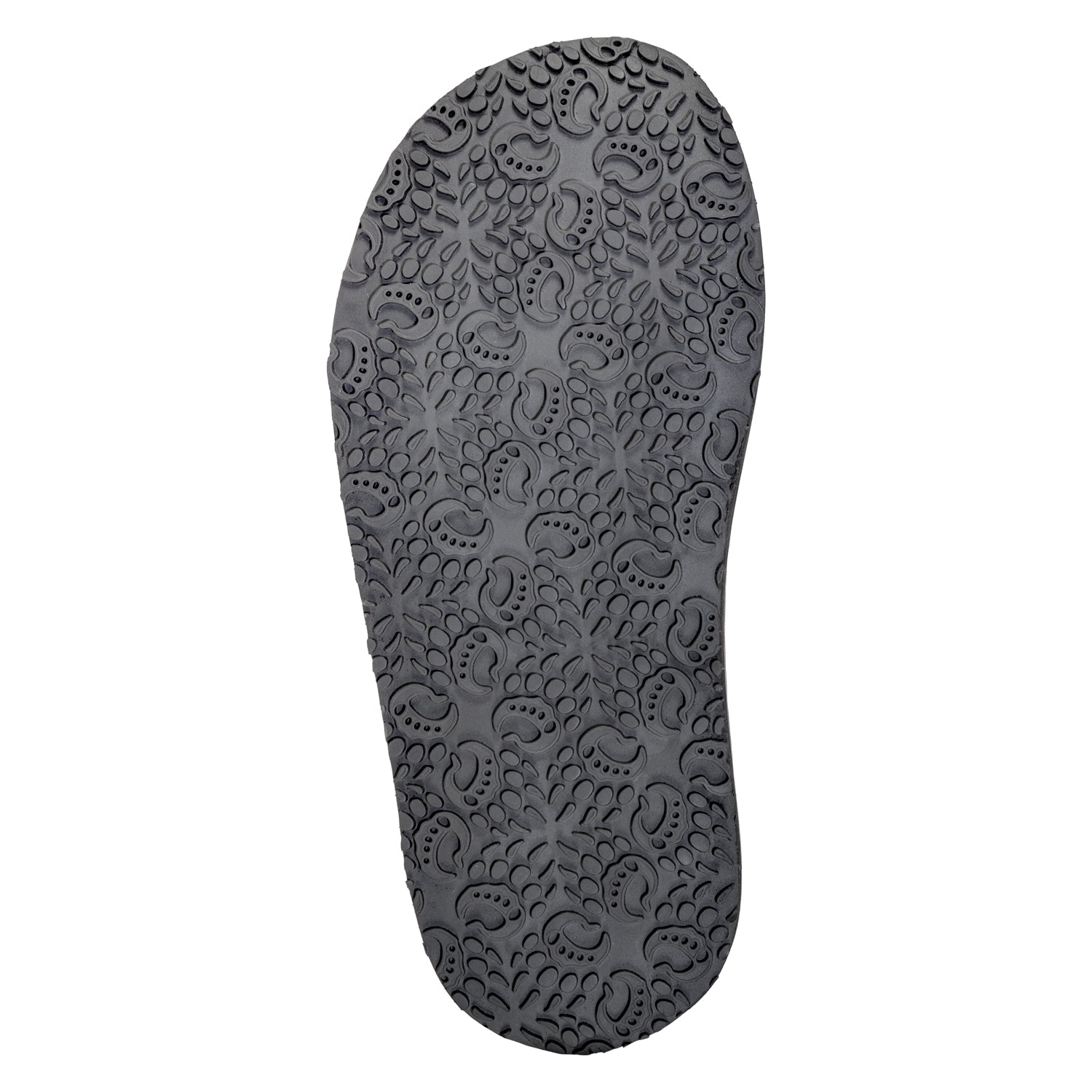 The image shows a close-up of the sole of a Bruin shoe by Bearfoot with a detailed paisley pattern design for grip. The flat outsole is black and exhibits a variety of swirls and teardrop motifs.