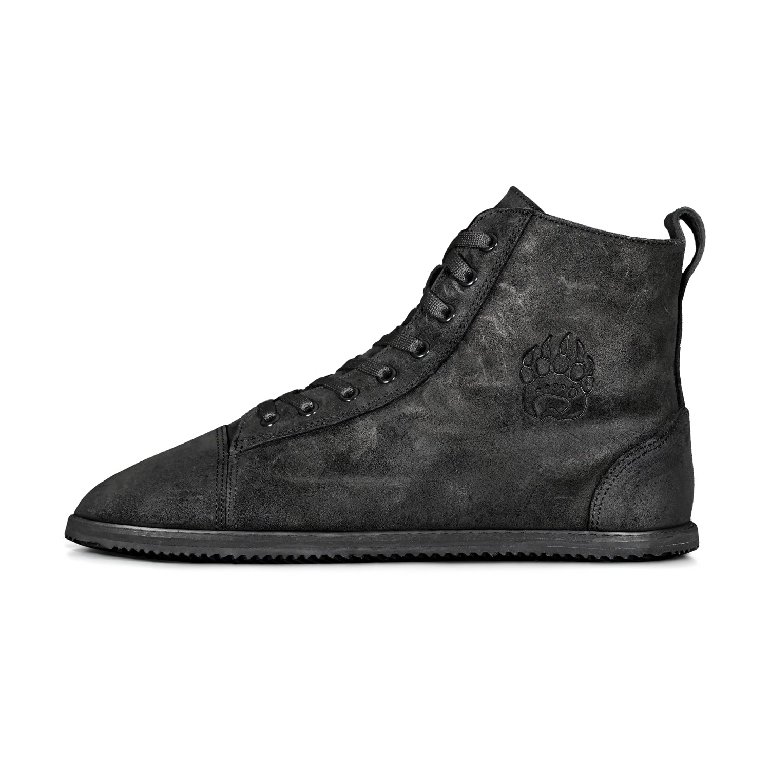 A single black high-top boot with a lace-up design and embossed logo on the side. The Ursidae shoe by Bearfoot features a sleek, all-black rubber sole and is made of durable suede leather.