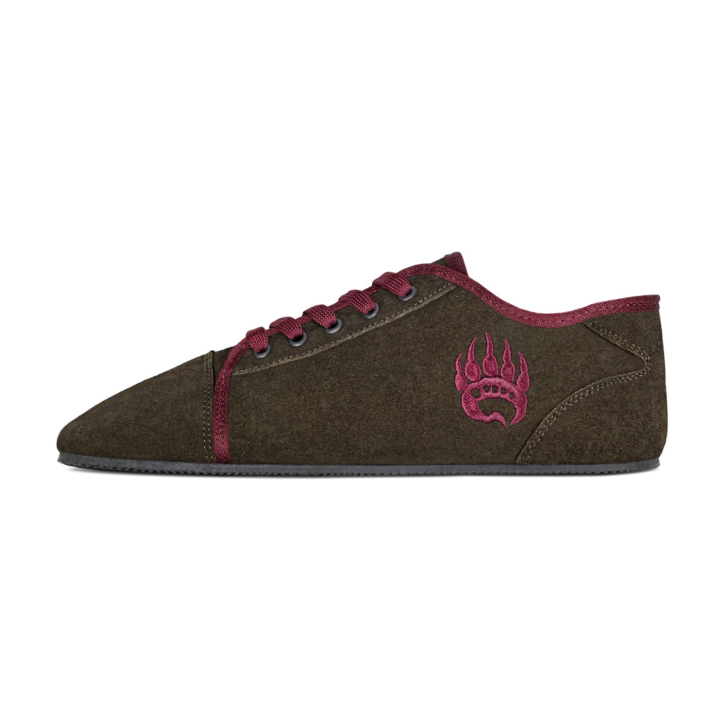 Side view of a Bearfoot Ursus Suede training sneaker in Mystic Moss with burgundy laces and a stylized burgundy paw print design on the side. This shoe, crafted from genuine suede leather, has a