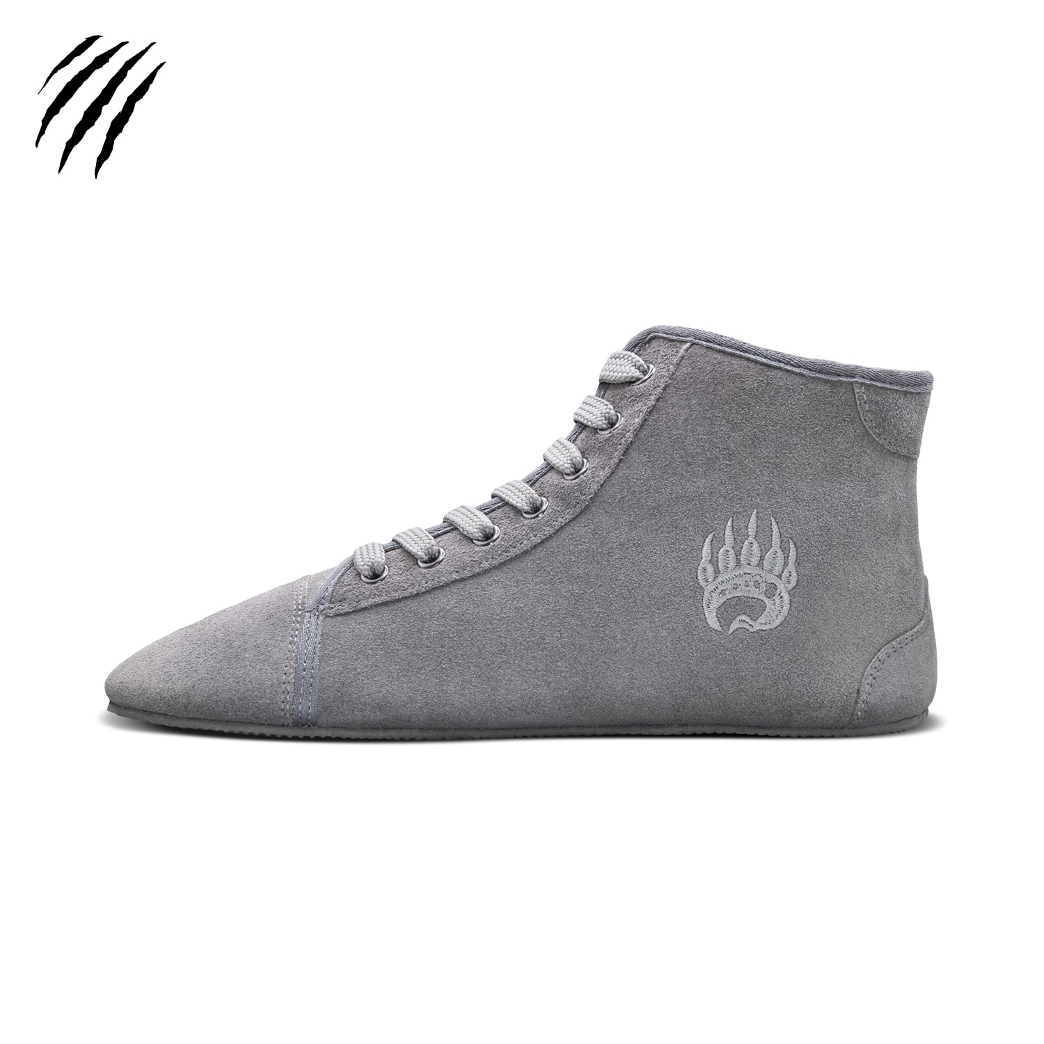 A single Bearfoot Ursus Suede High-Top Ice Grey sneaker with white laces and a bear paw logo on the side, displayed against a white background.