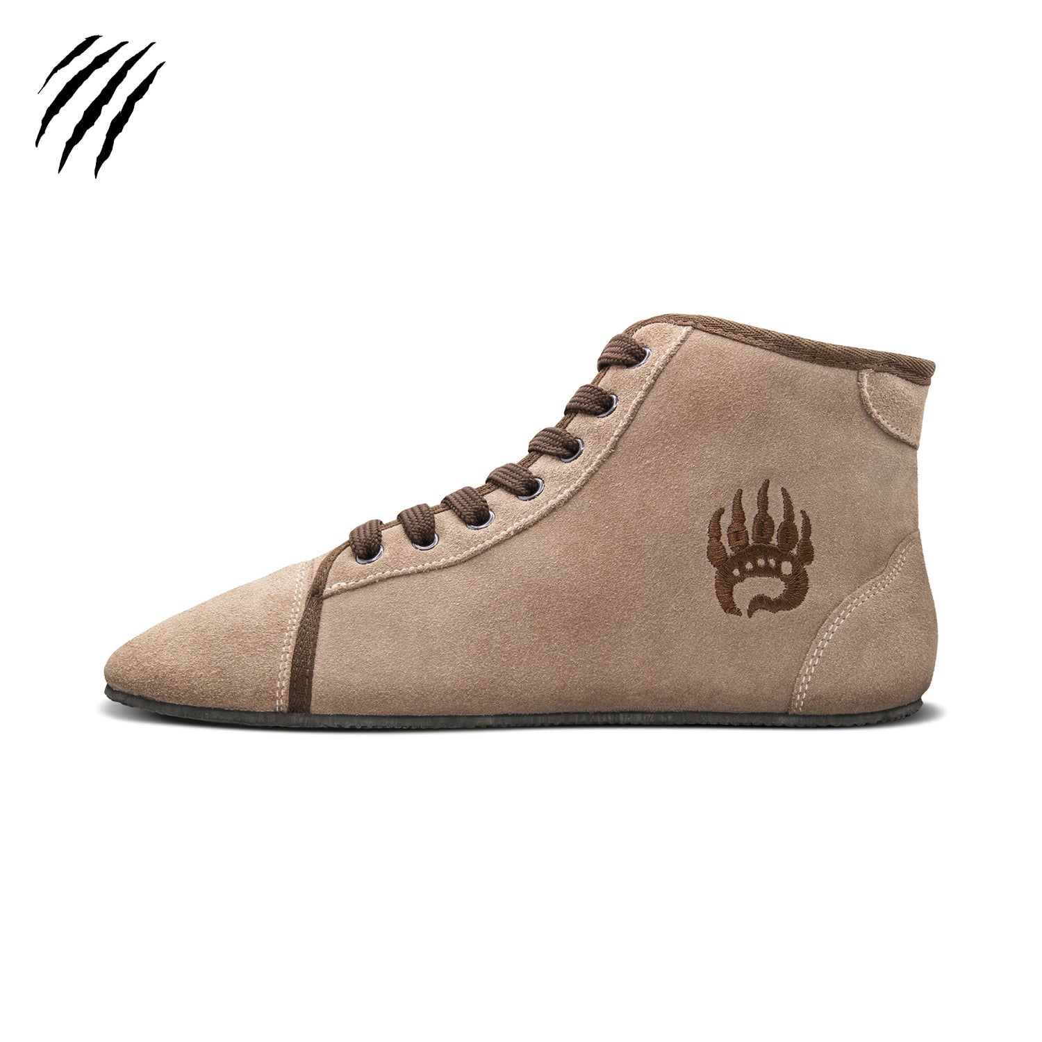 Single beige Bearfoot Badland Blemished High-Top boxing shoe with lace-up detail and a brown logo on the side. The shoe is isolated on a white background.