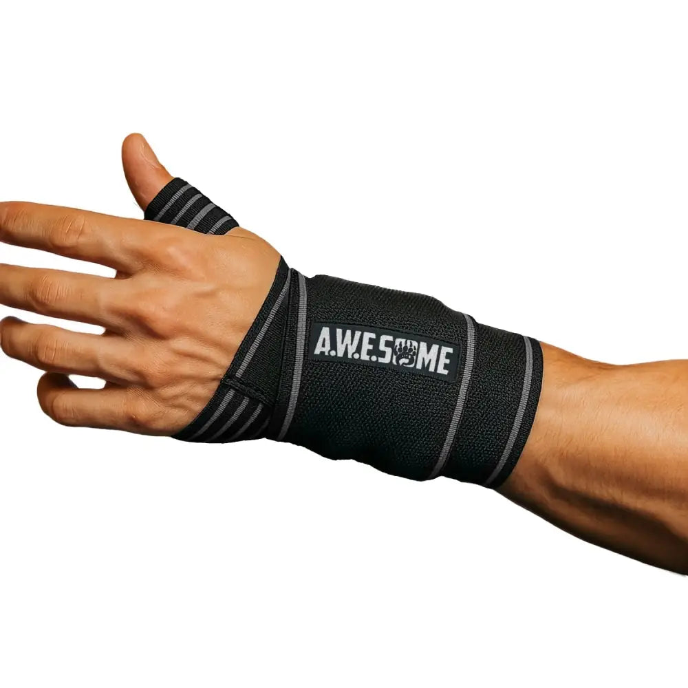 Black A.W.E.some Wraps neoprene wrist support with a.w.e.s.o.m.e text