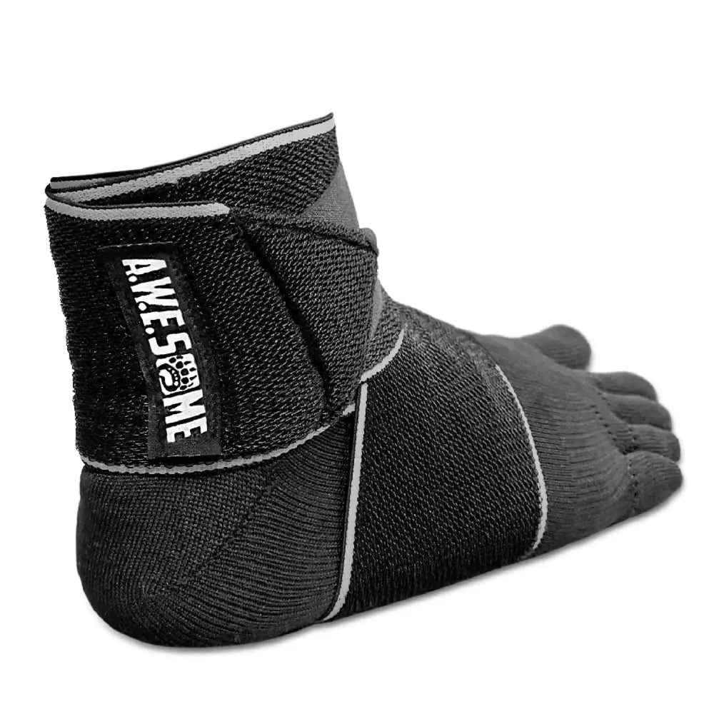 A.W.E.some Wraps black toe socks with white text and elastic band