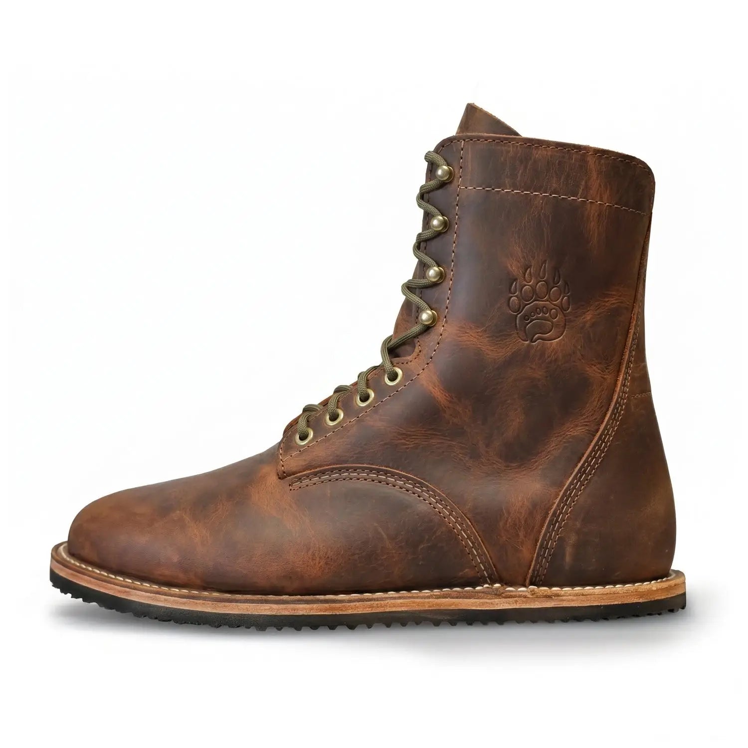Arktos cognac brown leather lace-up winter-ready barefoot boot in full-grain bison leather with merino wool lining