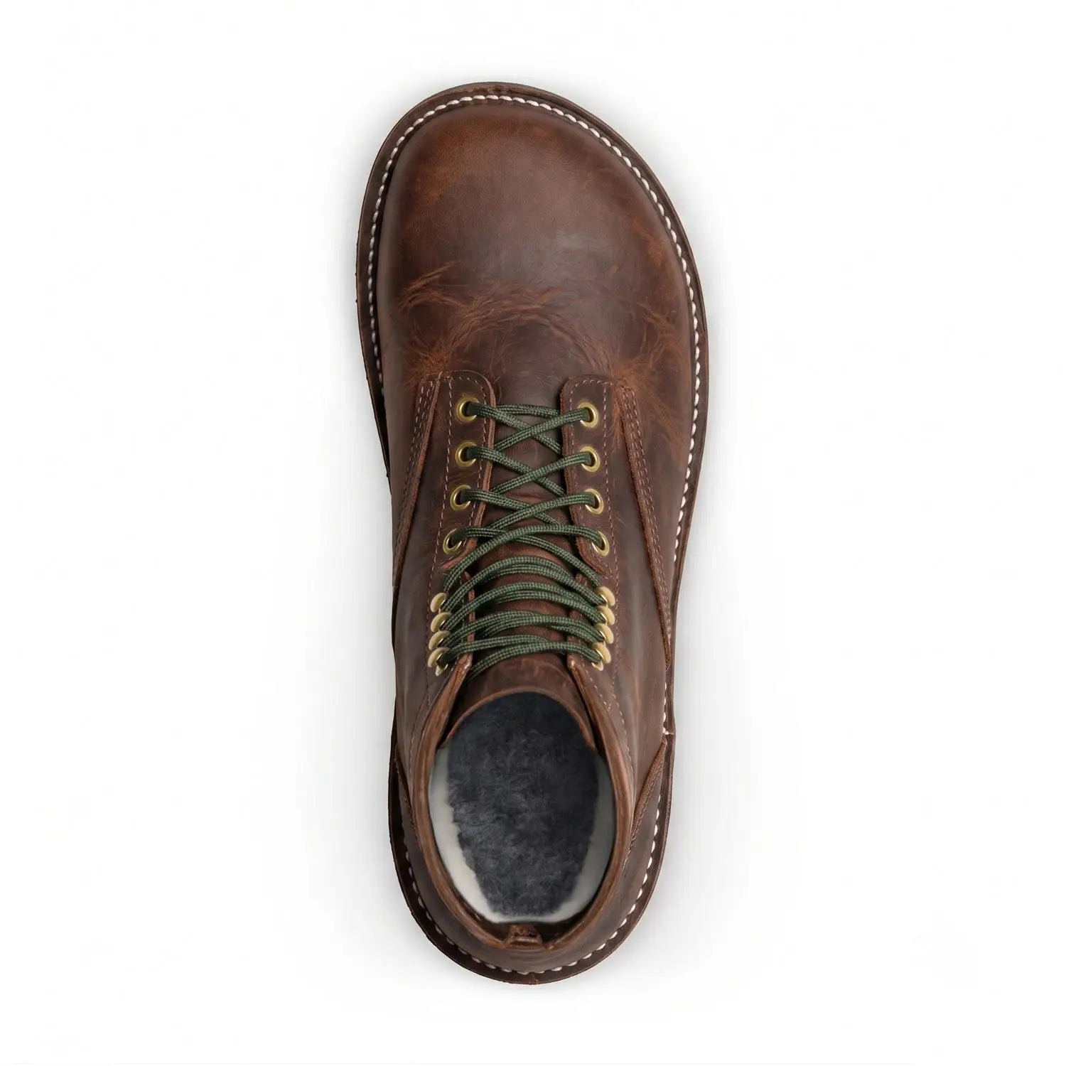 Arktjos cognac winter-ready barefoot boot in brown full-grain bison leather with green laces and gold eyelets