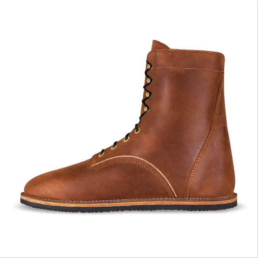 Arktos Crazy Horse barefoot boot built with brown leather, lace-up, rubber sole