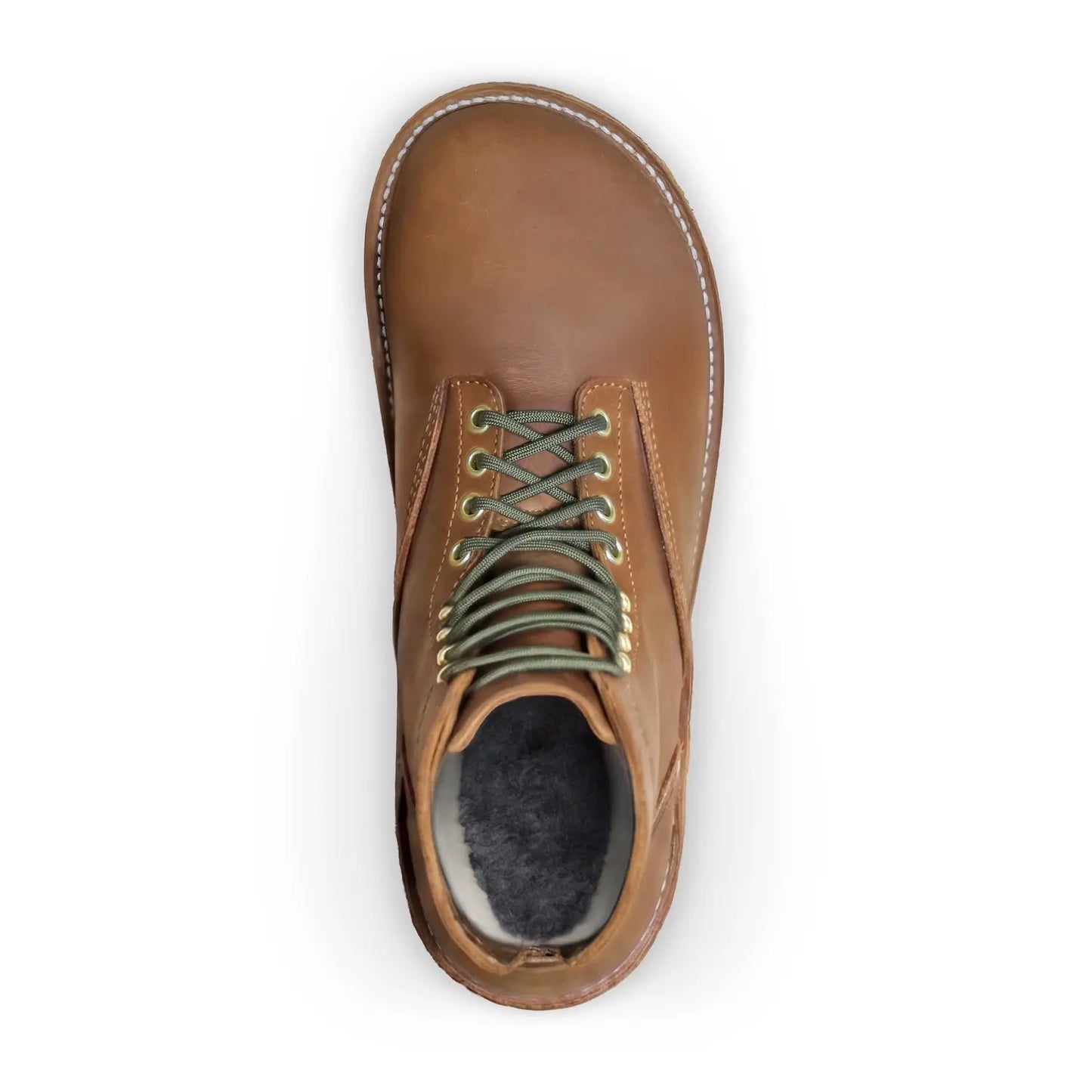 Tan leather arktos crazy horse winter-ready barefoot boot with olive green laces and white stitching detail