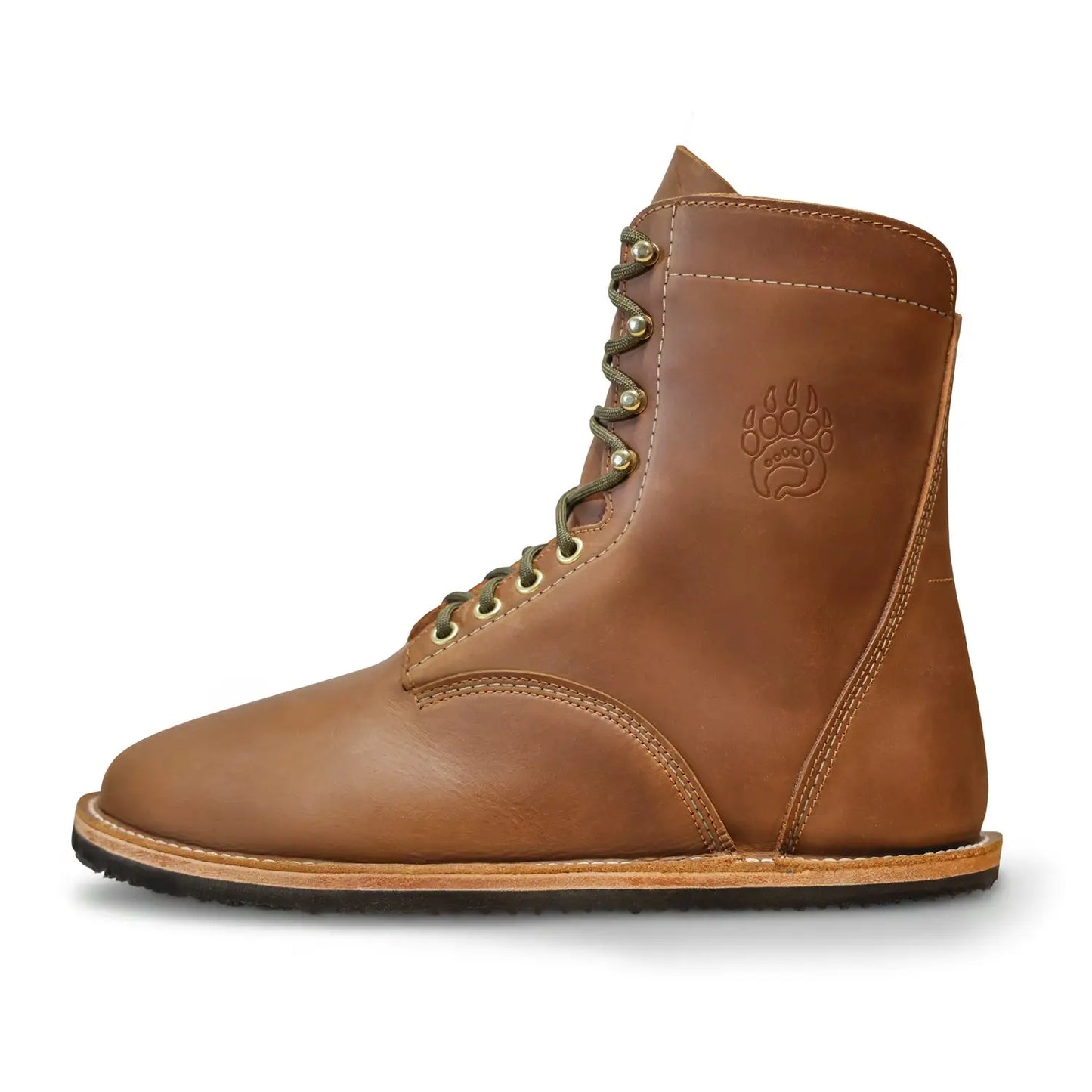 Tan leather lace-up arktos crazy horse winter-ready barefoot boot with stitched paw print logo and merino wool lining