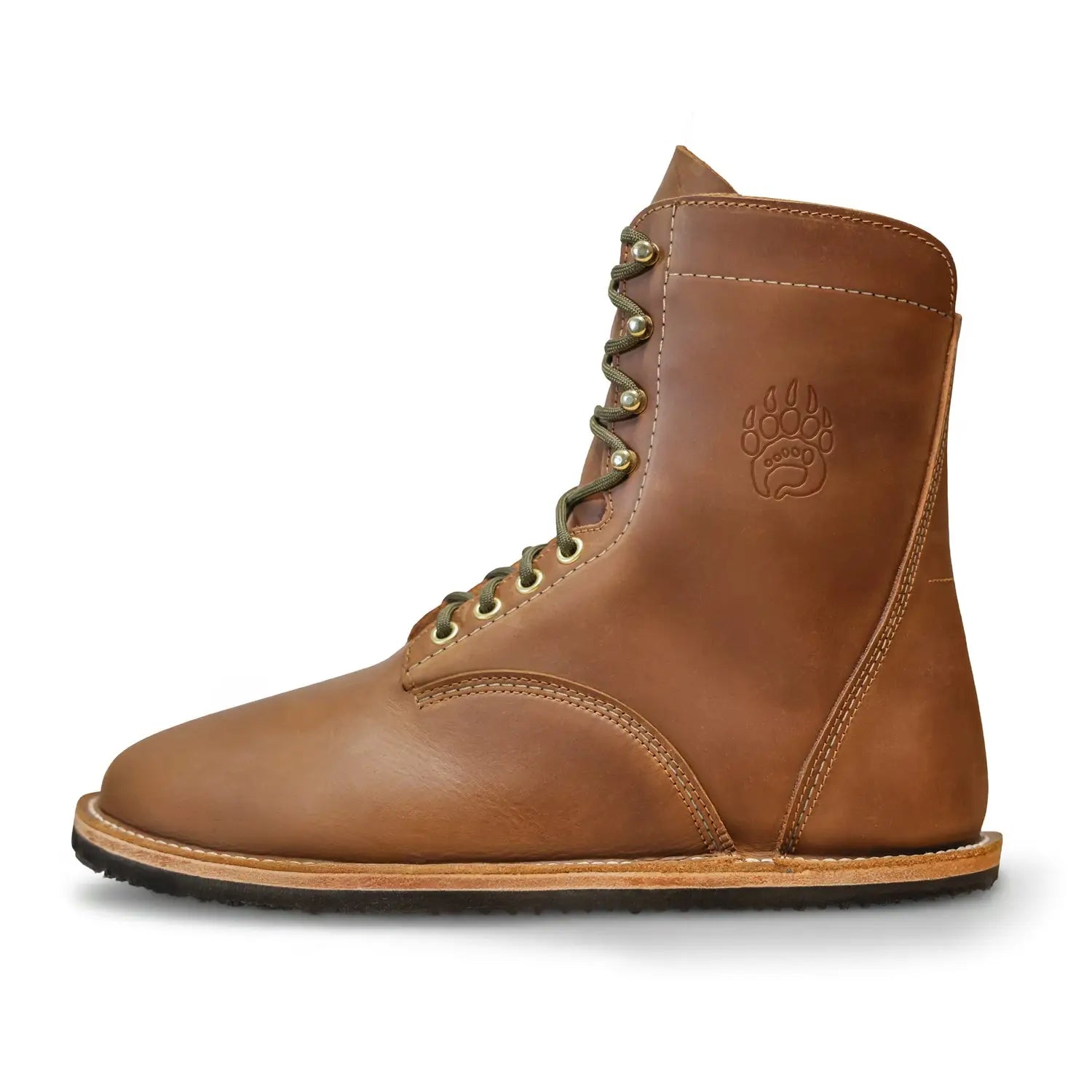 Tan leather lace-up arktos crazy horse winter-ready barefoot boot with stitched paw print logo and merino wool lining
