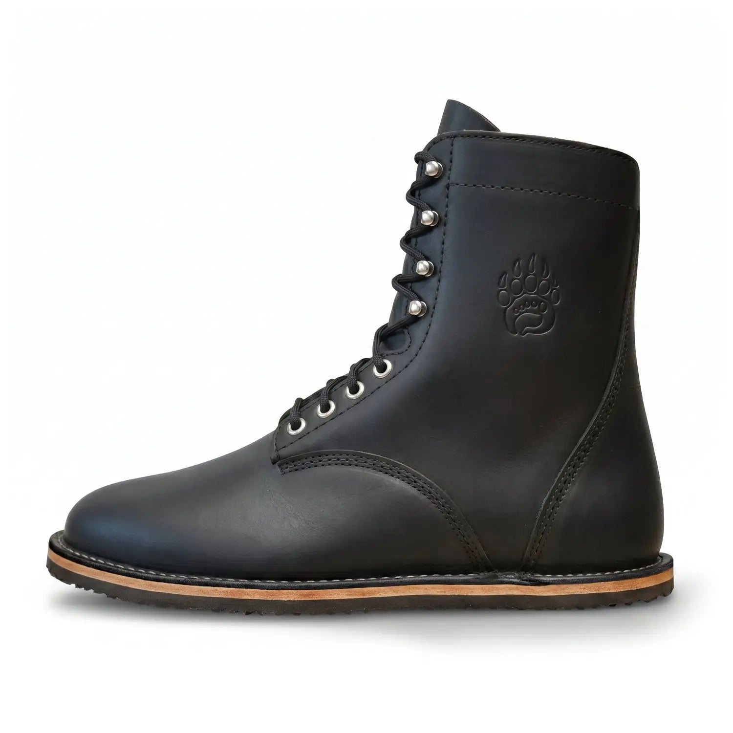 Arktos dark horse black leather lace-up winter-ready barefoot boot with stitched paw print and silver eyelets