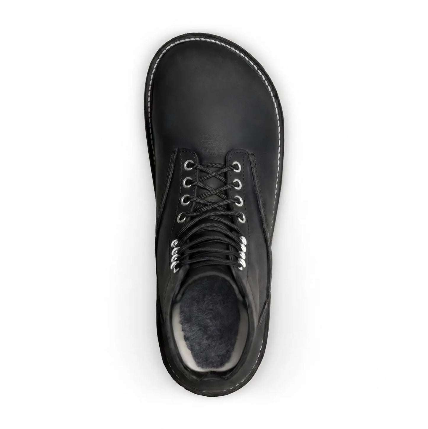 Arktos dark horse black leather lace-up boot with white stitching and silver eyelets for winter-ready barefoot comfort