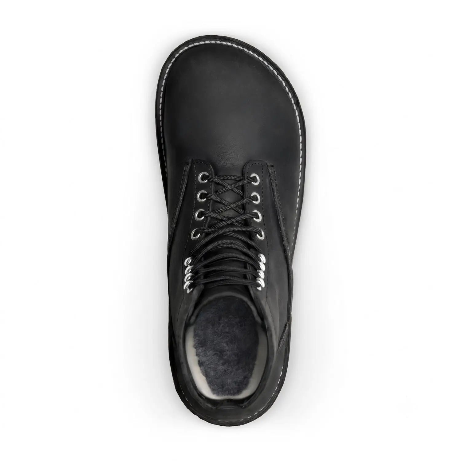 Arktos dark horse black leather lace-up boot with white stitching and silver eyelets for winter-ready barefoot comfort