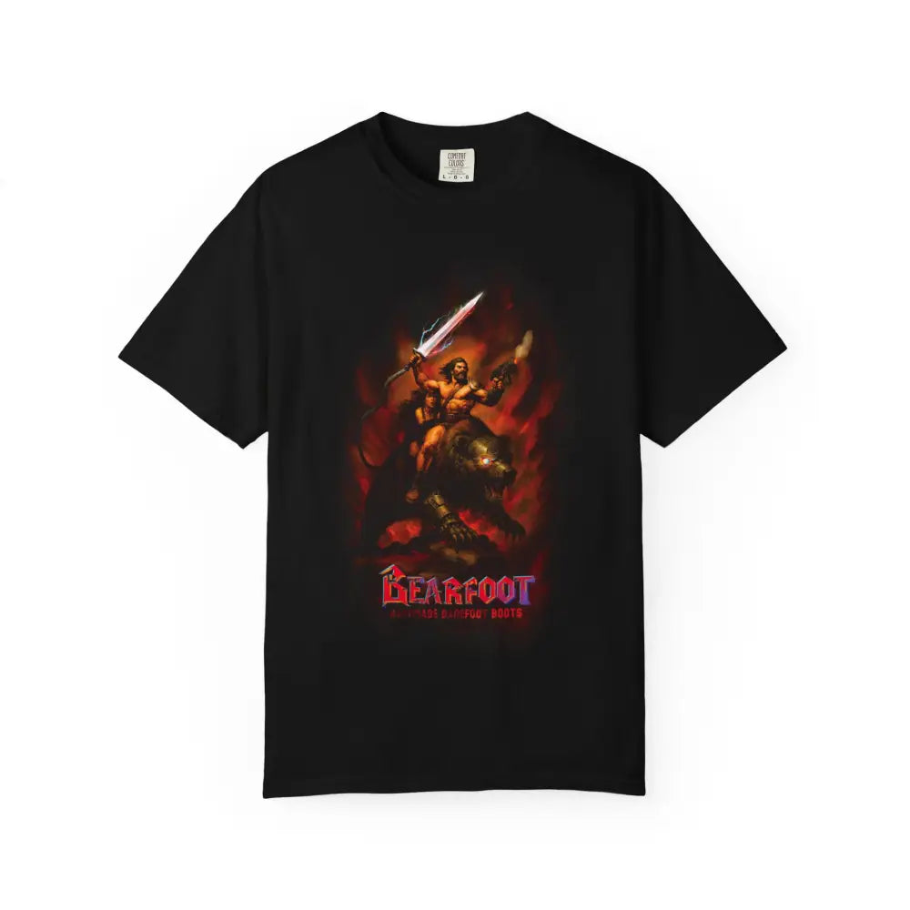 BarBEARian Graphic Tee black t-shirt with red gold warrior design and Beefoot brand for barefoot shoes