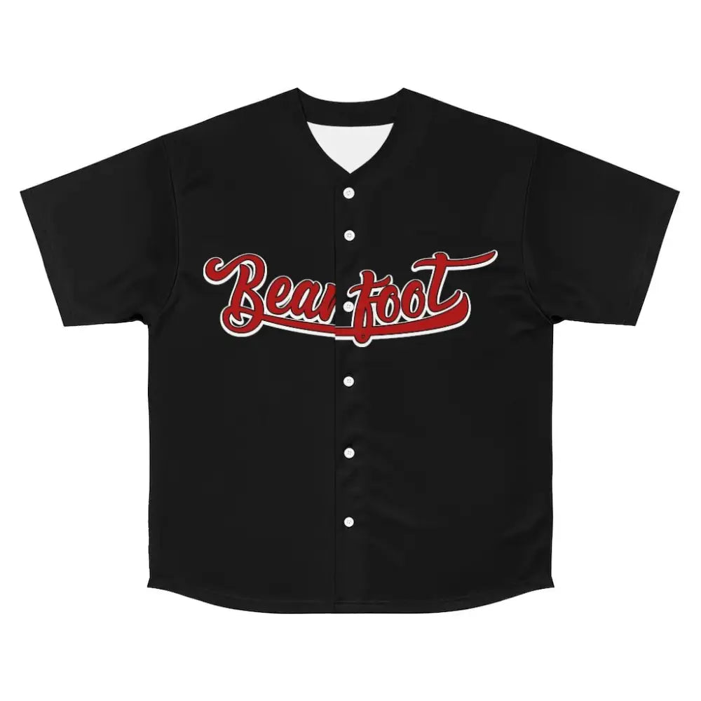 Black polyester baseball jersey with red Beau Foot script