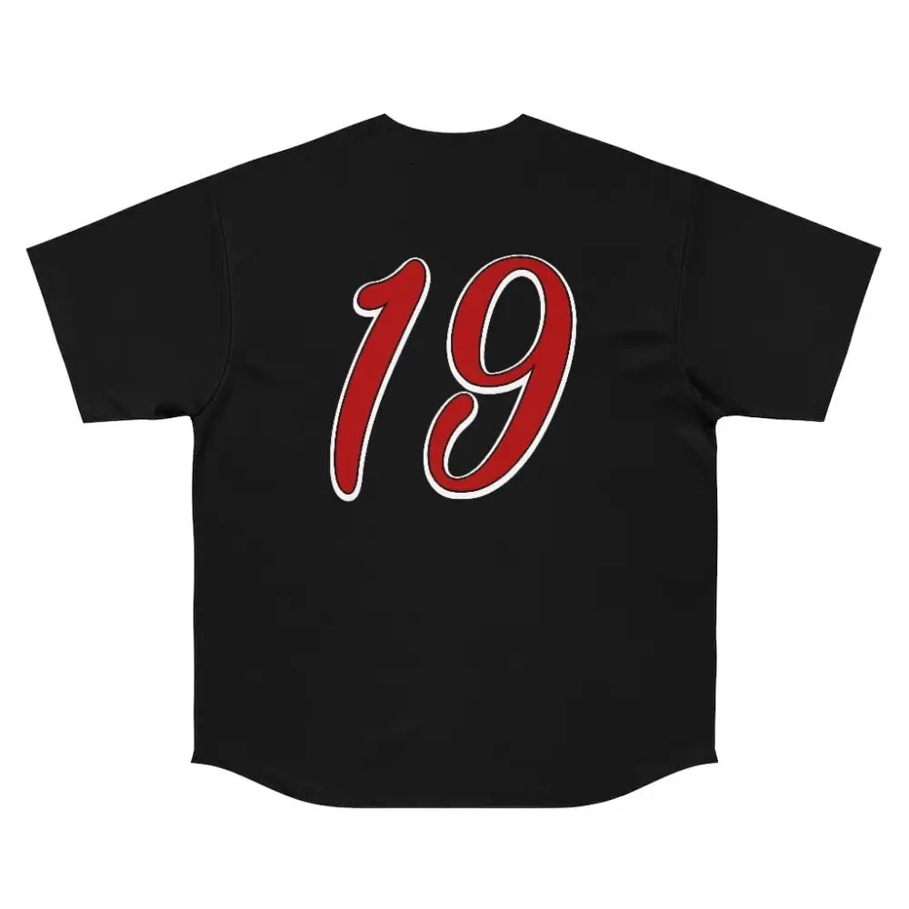 Back of black polyester baseball jersey with bold red number 19