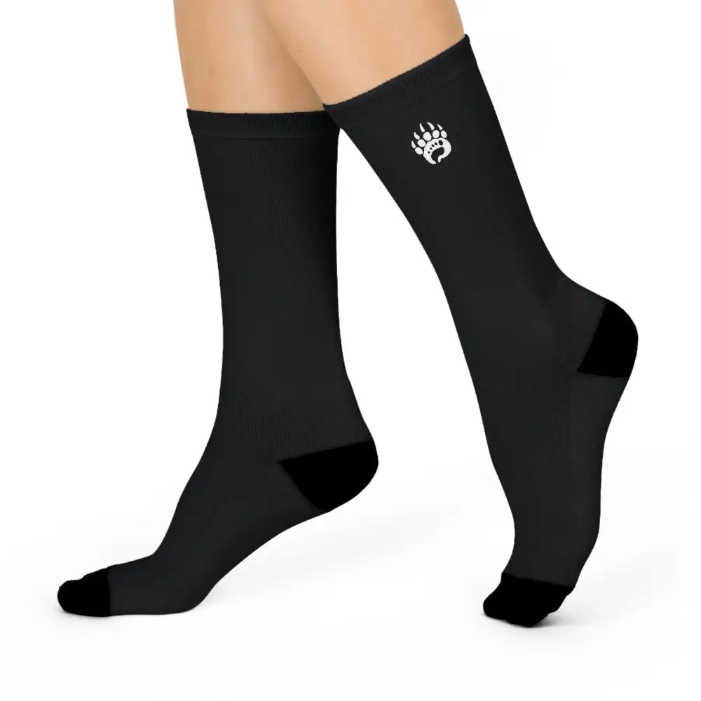 Basic crew socks in black with white paw print logo and reinforced toe heel