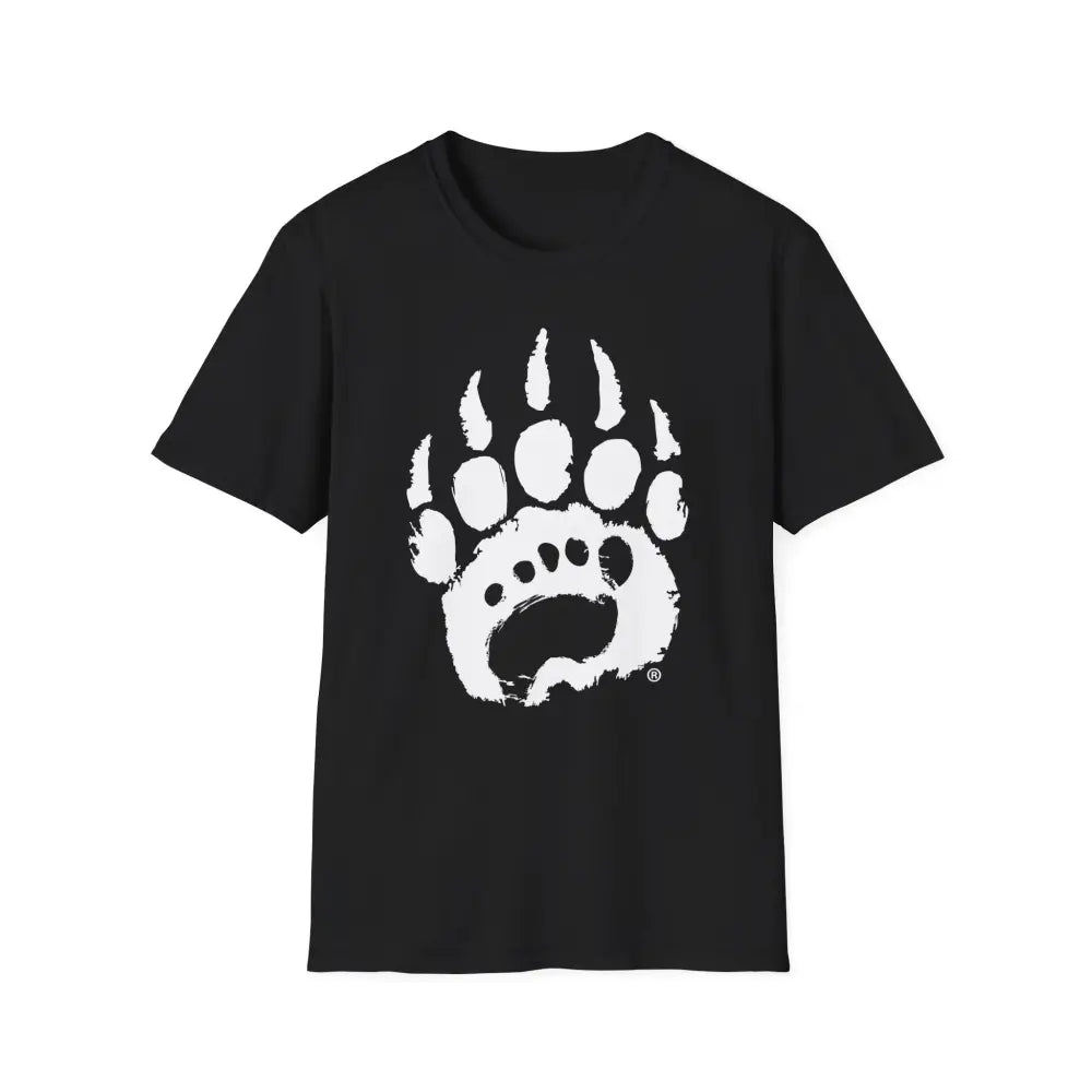 Basic t-shirt boasts black short-sleeved tee with bold white bear paw print