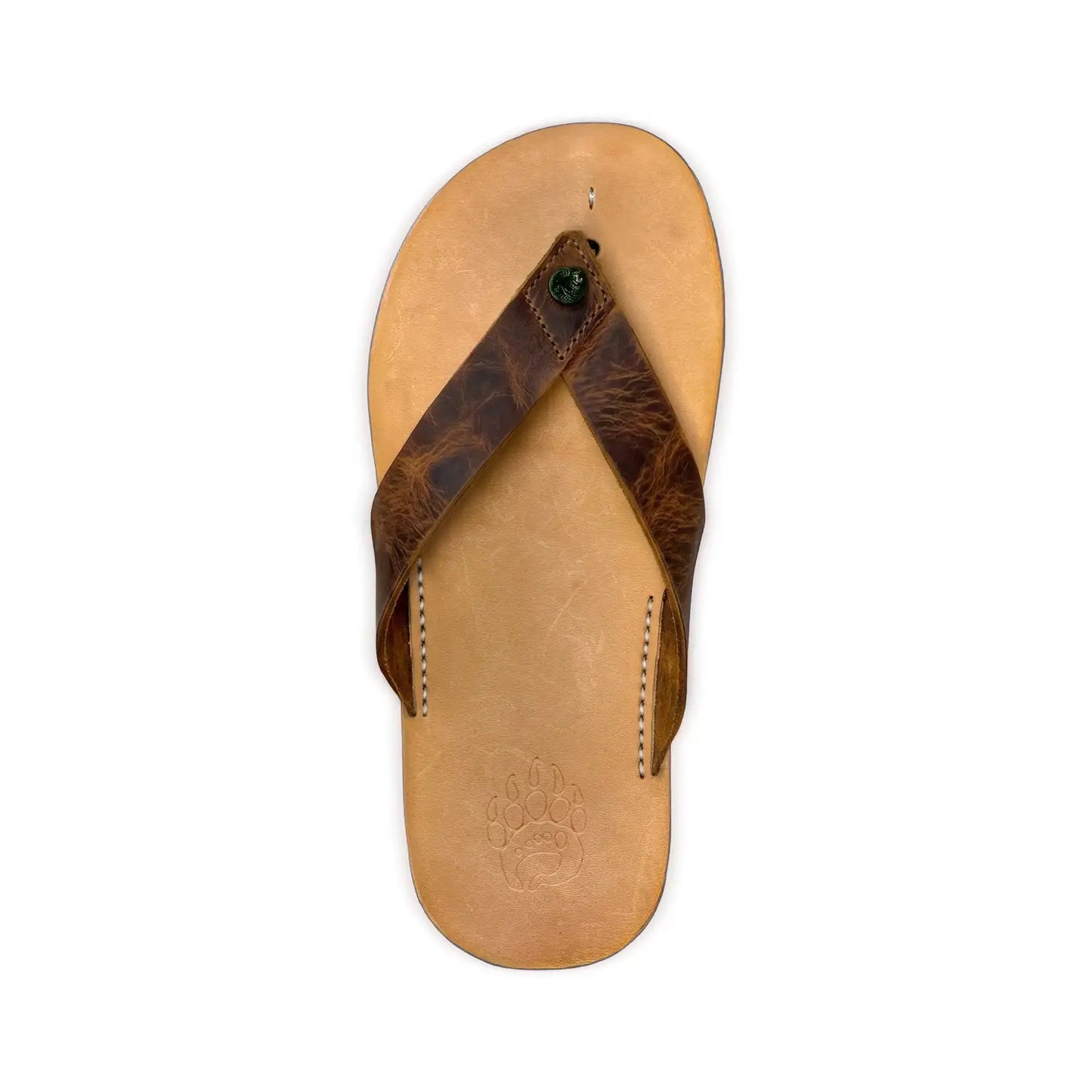 Bear-flops cognac brown leather flip-flop with textured dark brown bison leather strap and zero-drop sole paw print