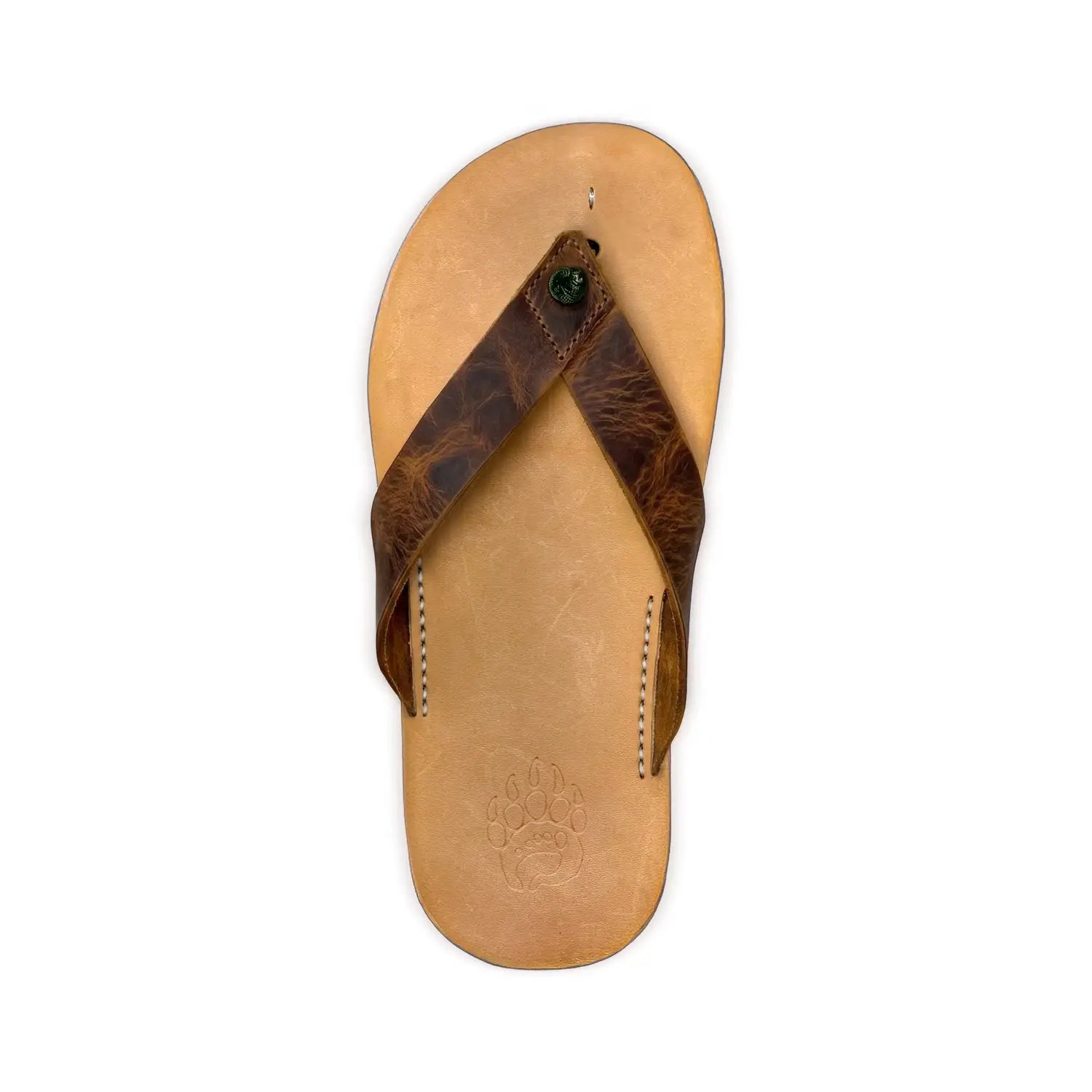 Bear-flops cognac brown leather flip-flop with textured dark brown bison leather strap and zero-drop sole paw print