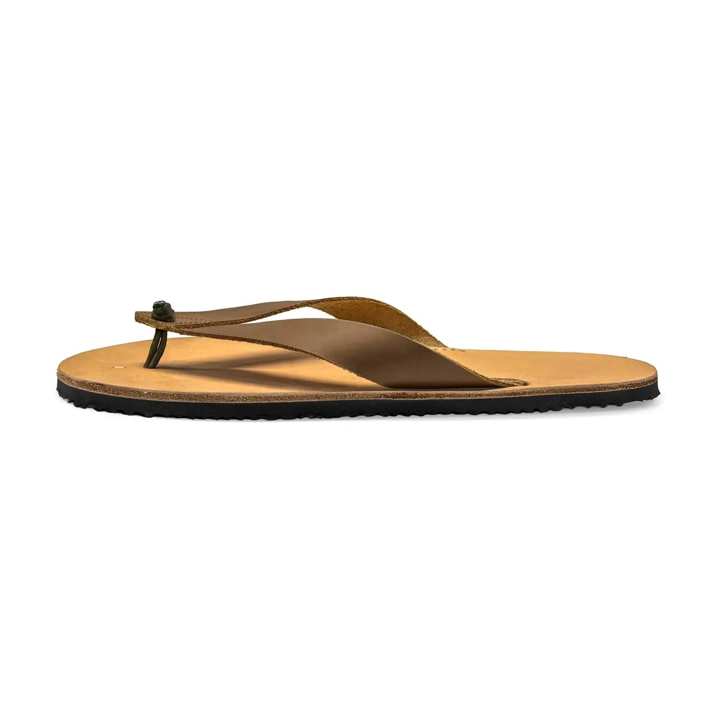 Tan leather flip-flop bear-flops crazy horse with black rubber sole and minimalist crazy horse leather design