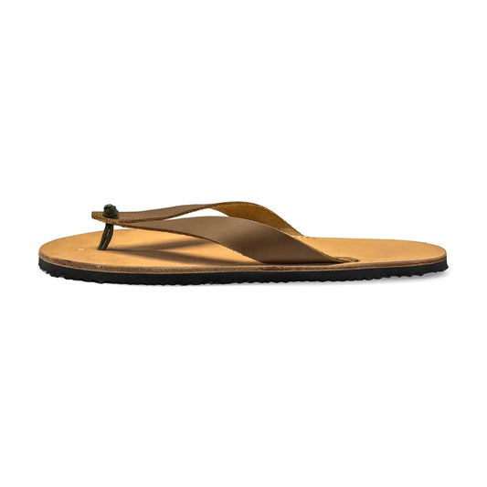 Tan leather flip-flop bear-flops crazy horse with black rubber sole and minimalist crazy horse leather design