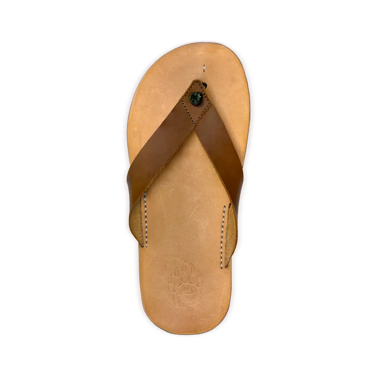 Tan leather flip-flop bear-flops crazy horse with darker brown horse leather strap and visible stitching