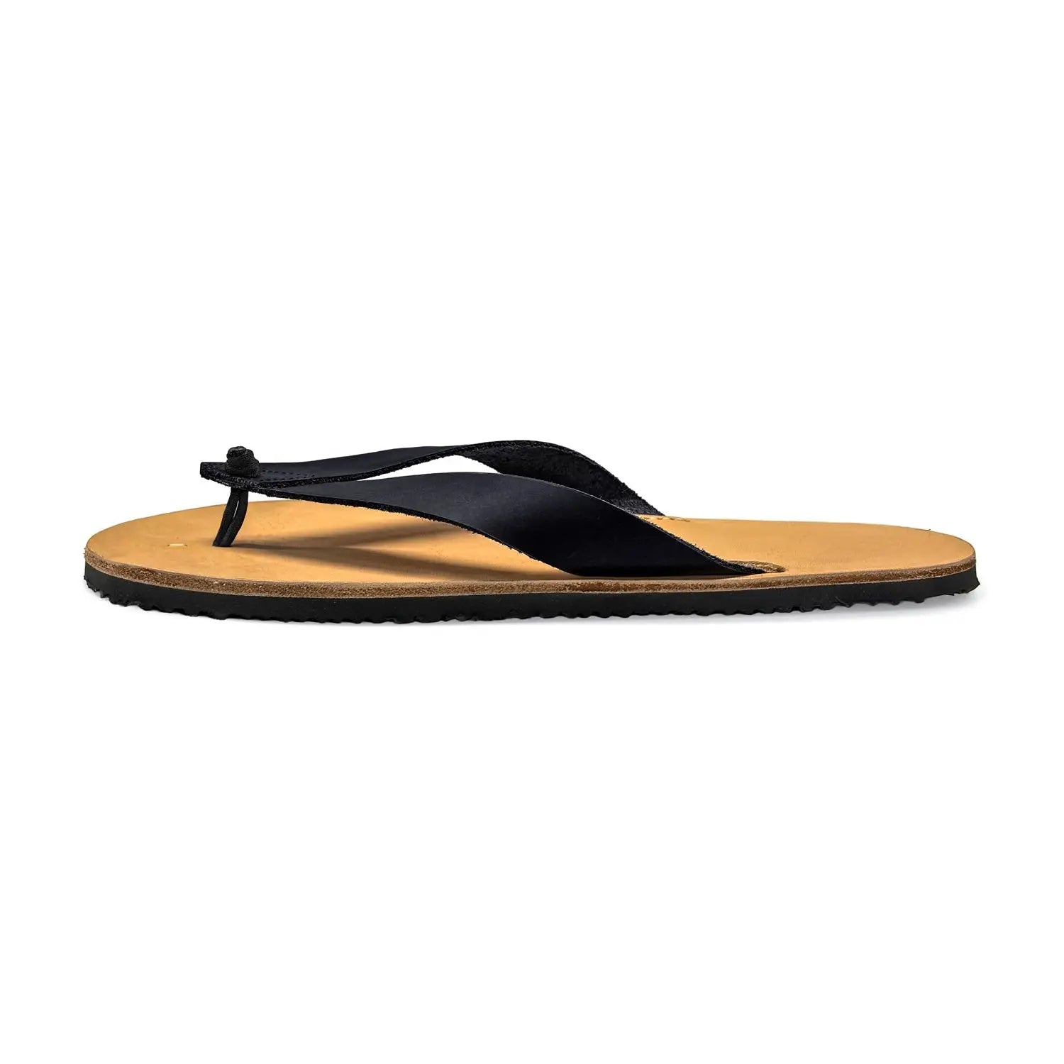Black leather bear-flops dark horse barefoot sandals with crazy horse leather and tan rubber sole with textured outsole