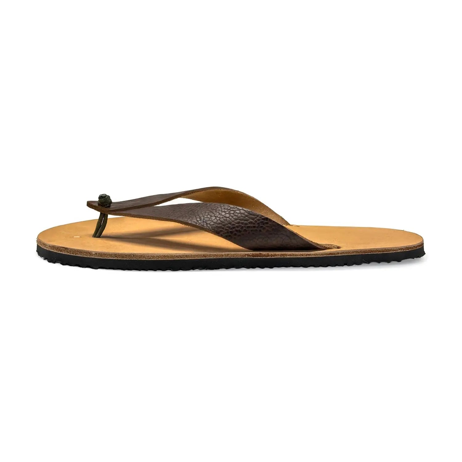 Brown leather bear-flops tobacco flip-flop with textured bison leather strap and zero-drop tan sole
