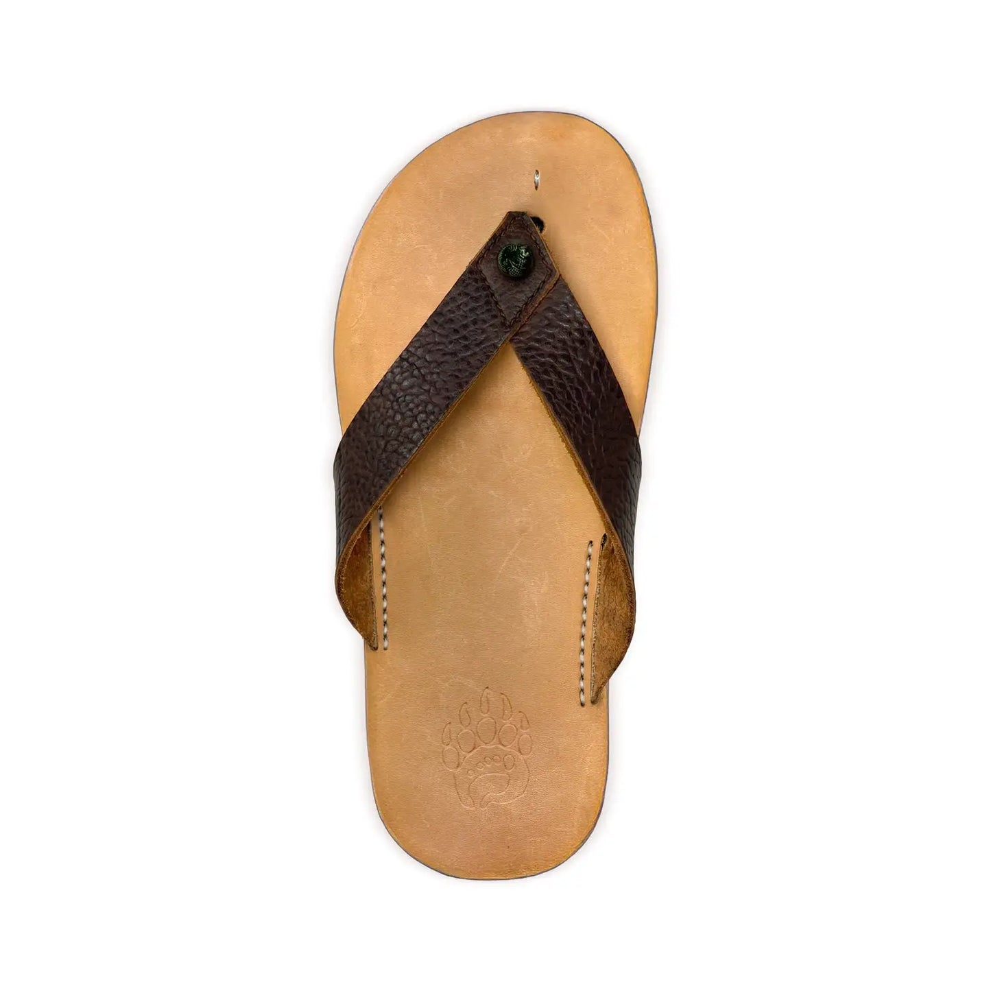 Brown leather thong sandal bear-flops tobacco with textured strap bison leather and zero-drop sole tan color