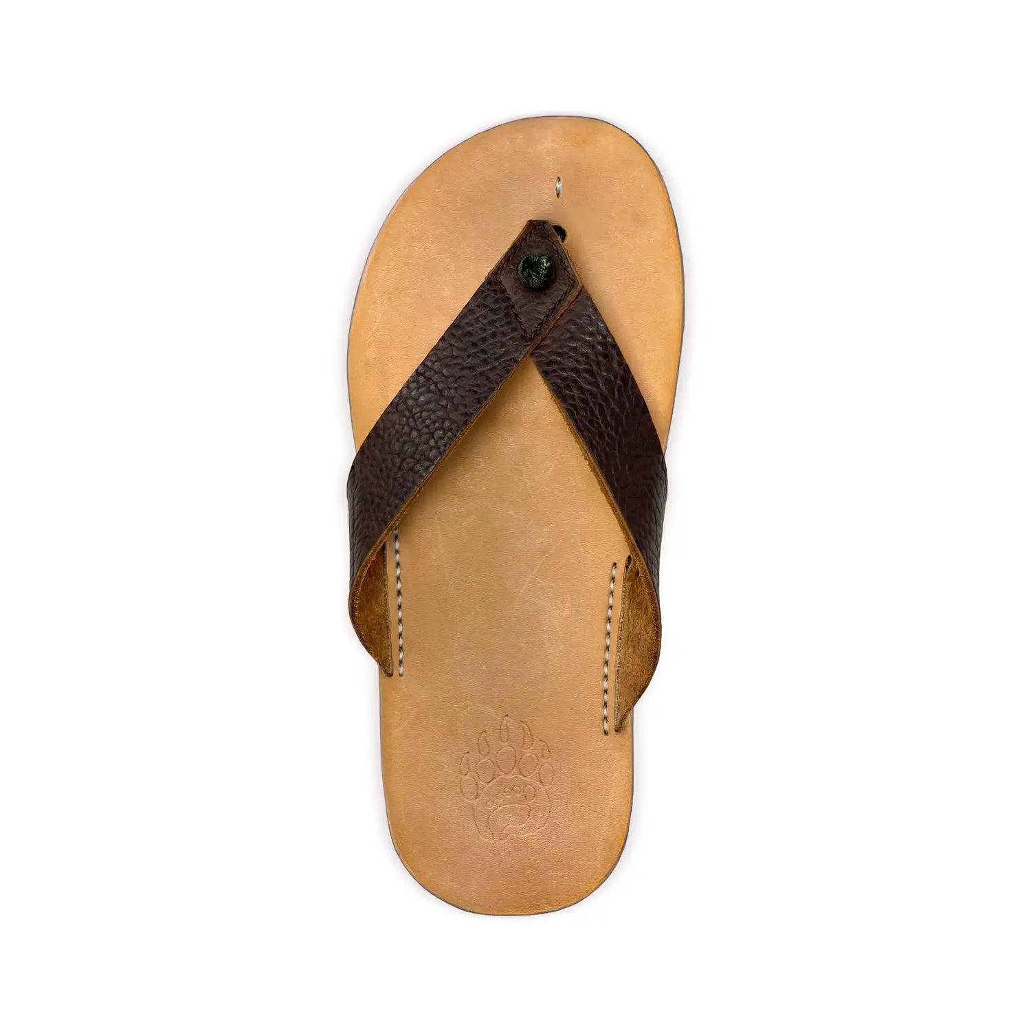 Brown leather thong sandal bear-flops tobacco with textured strap bison leather and zero-drop sole tan color