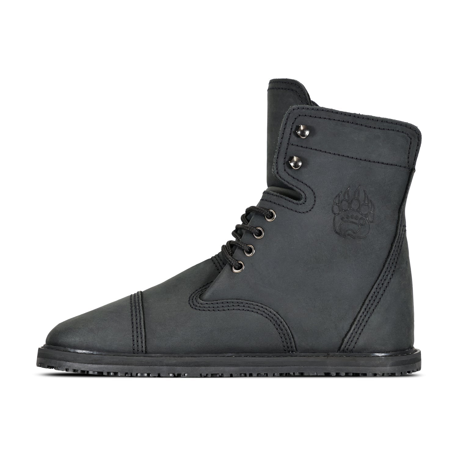 Side view of a black high-top Bruin barefoot boot featuring lace-up closure, embossed Bearfoot logo on the side, and a flat black sole.