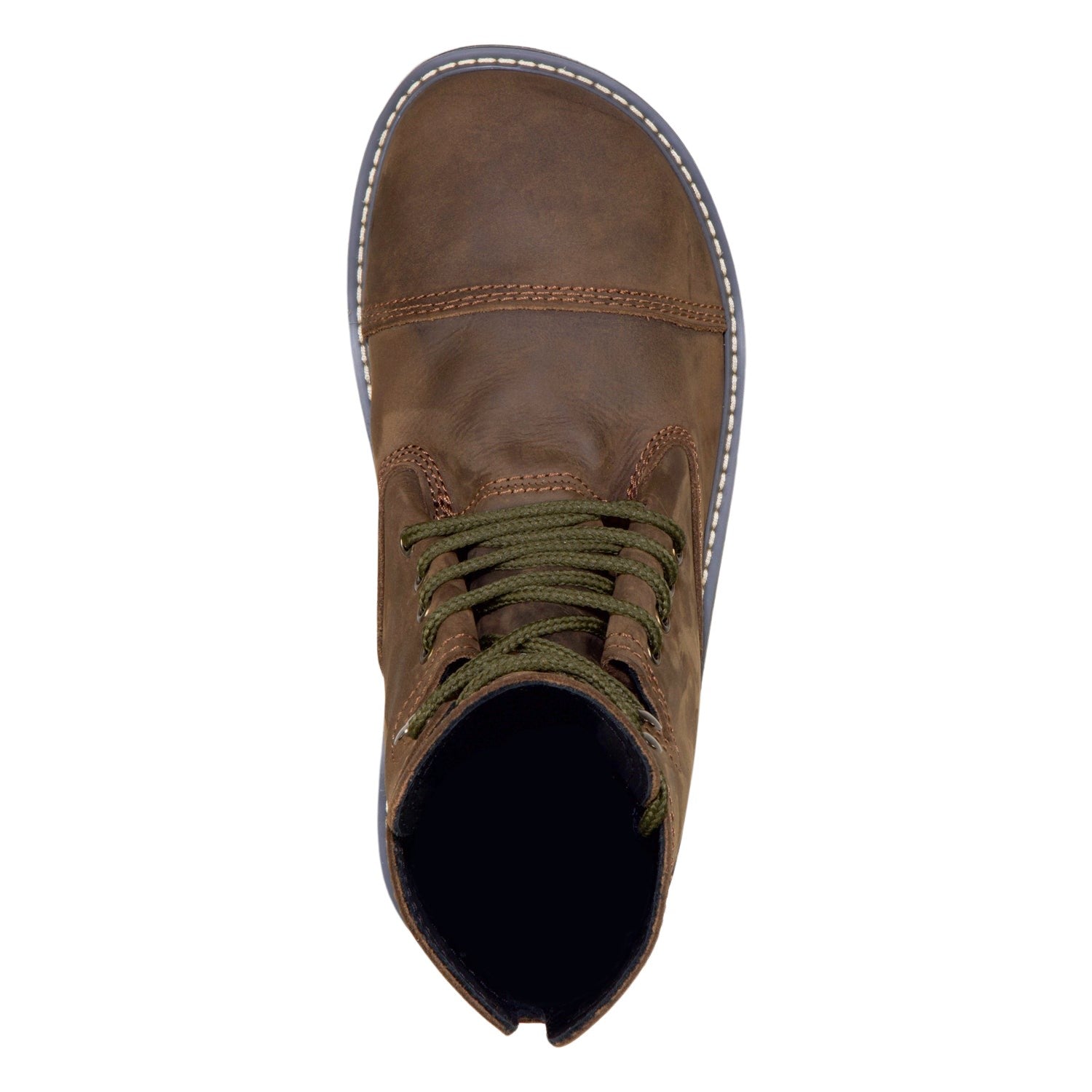 Top view of a Bruin boot in Kodiak Brown by Bearfoot, with green laces, featuring visible stitching and a wide toe-box design.