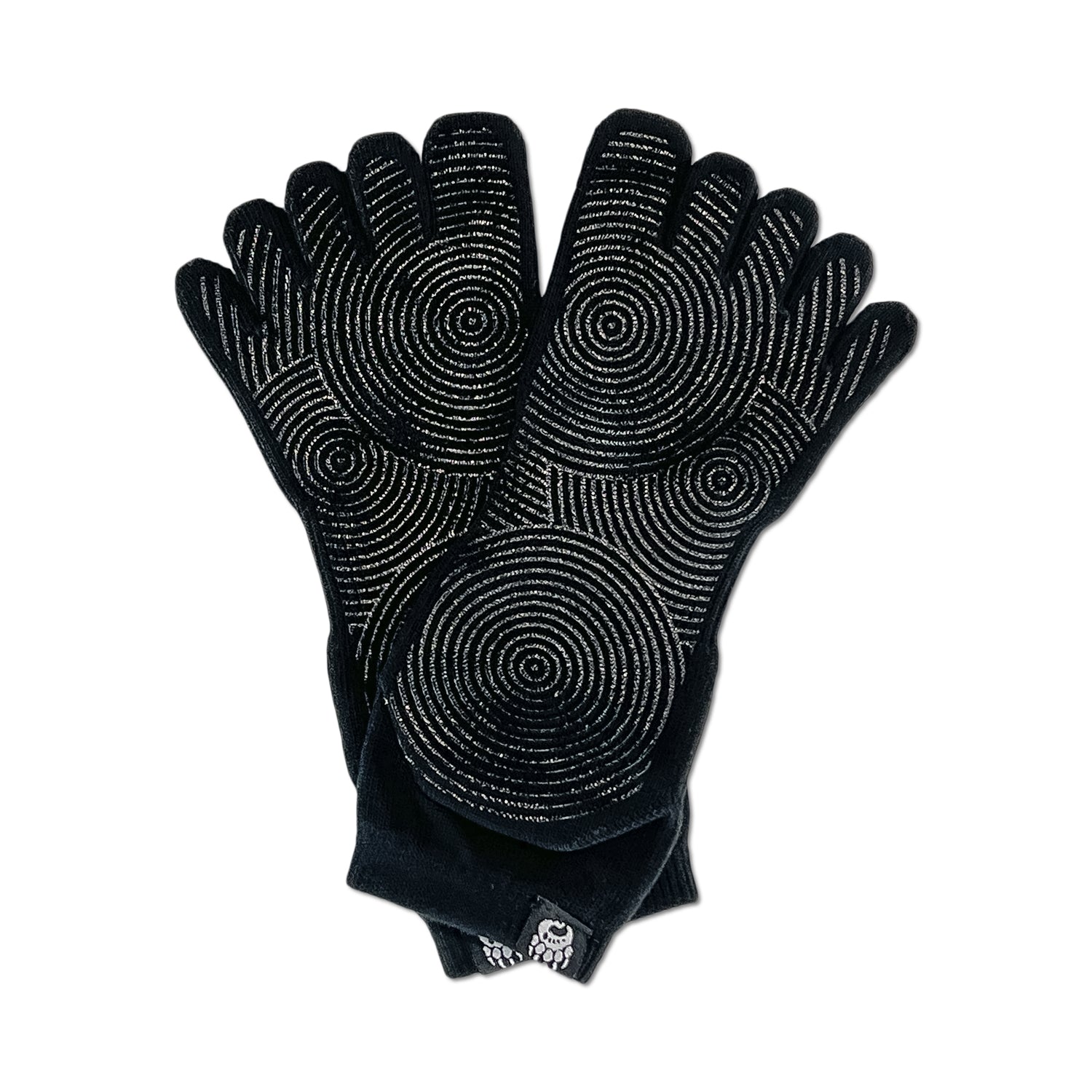 A pair of Bearfoot black textured radial grip socks with white spiral patterns and moisture-wicking comfort.